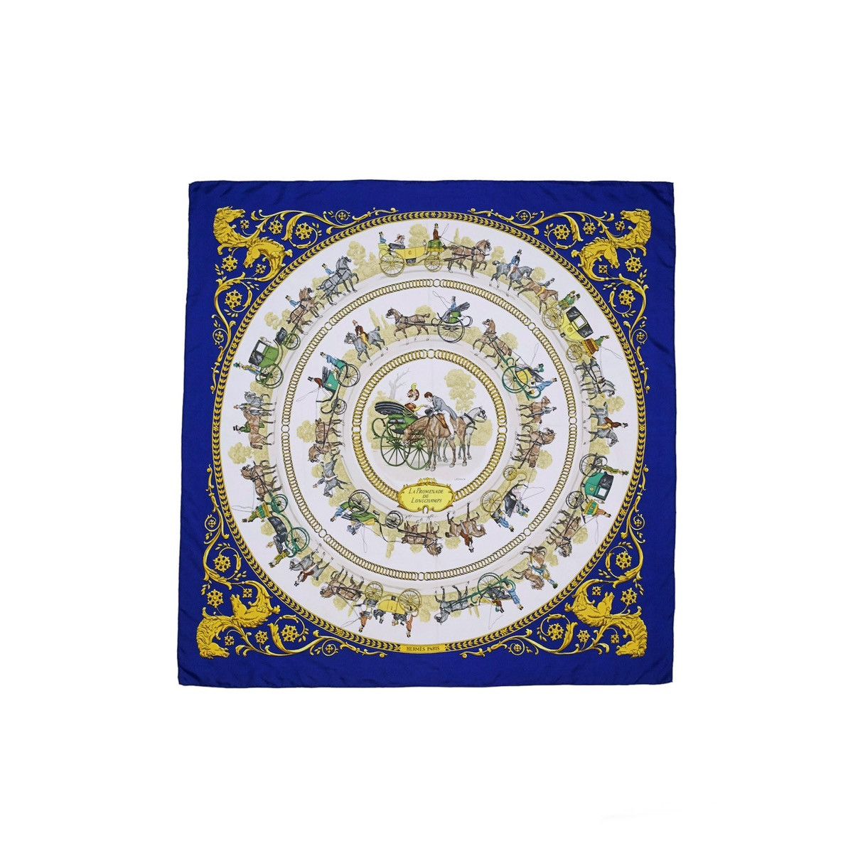 image of Hermes Carre 90 "la Promenade De Longchamps" Silk Scarf in Blue, Women's