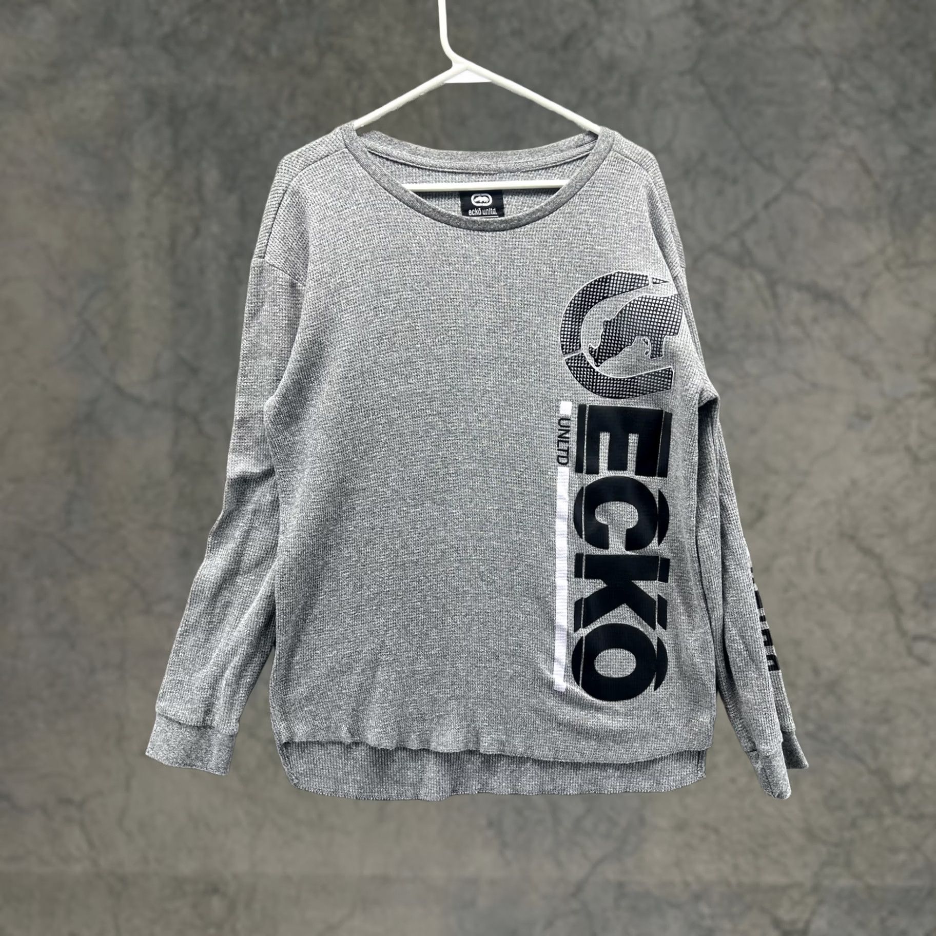 Ecko Unltd. Ecko Unltd Sweater Mens XL Gray Waffle-Knit Thermal Graphic Crewneck Pullover Size US XL / EU 56 / 4 - 1 Thumbnail