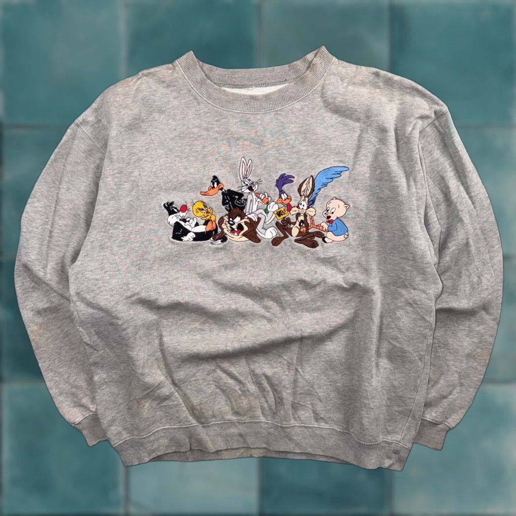 VINTAGE 1990s Acme Looney Tunes Central Logo Sweatshirt Gray M Mens Regular Pullover Crewneck Logo Stained