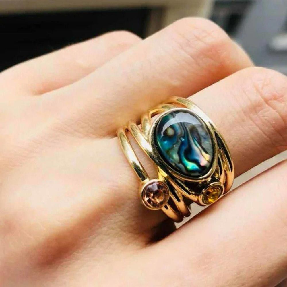 Designer Retro Moonstone Mosaic Gold Bohemian Ring - Size 6 Size ONE SIZE - 3 Thumbnail