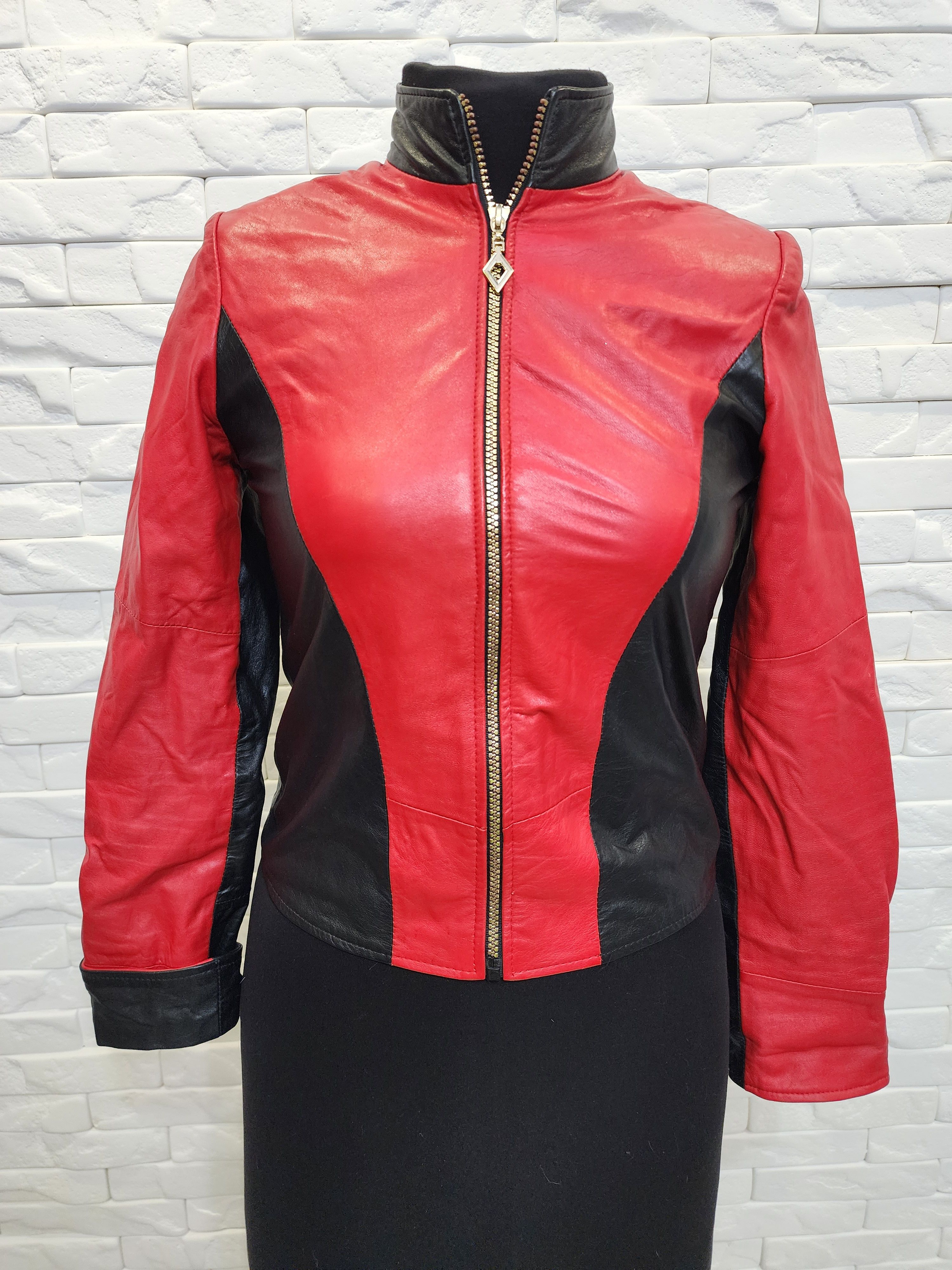 Genuine Leather Women's black leather jacket with red inserts. Size XS / US 0-2 / IT 36-38 - 1 Thumbnail