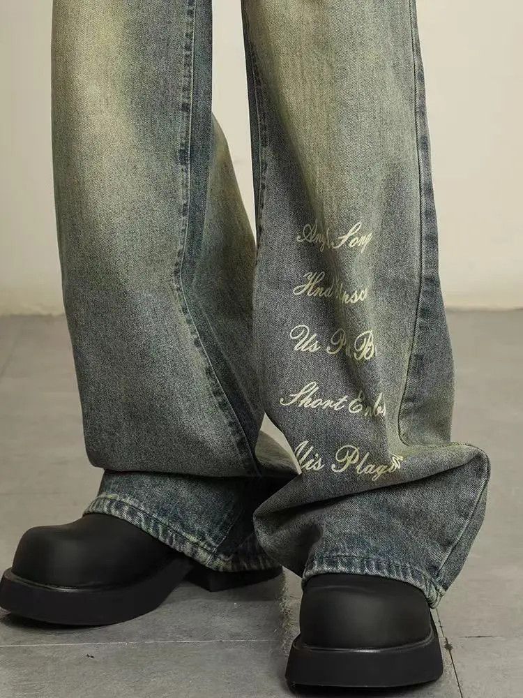 Designer × Japanese Brand Washed and Aged Printed Wide Leg Jeans Size US 32 / EU 48 - 4 Thumbnail