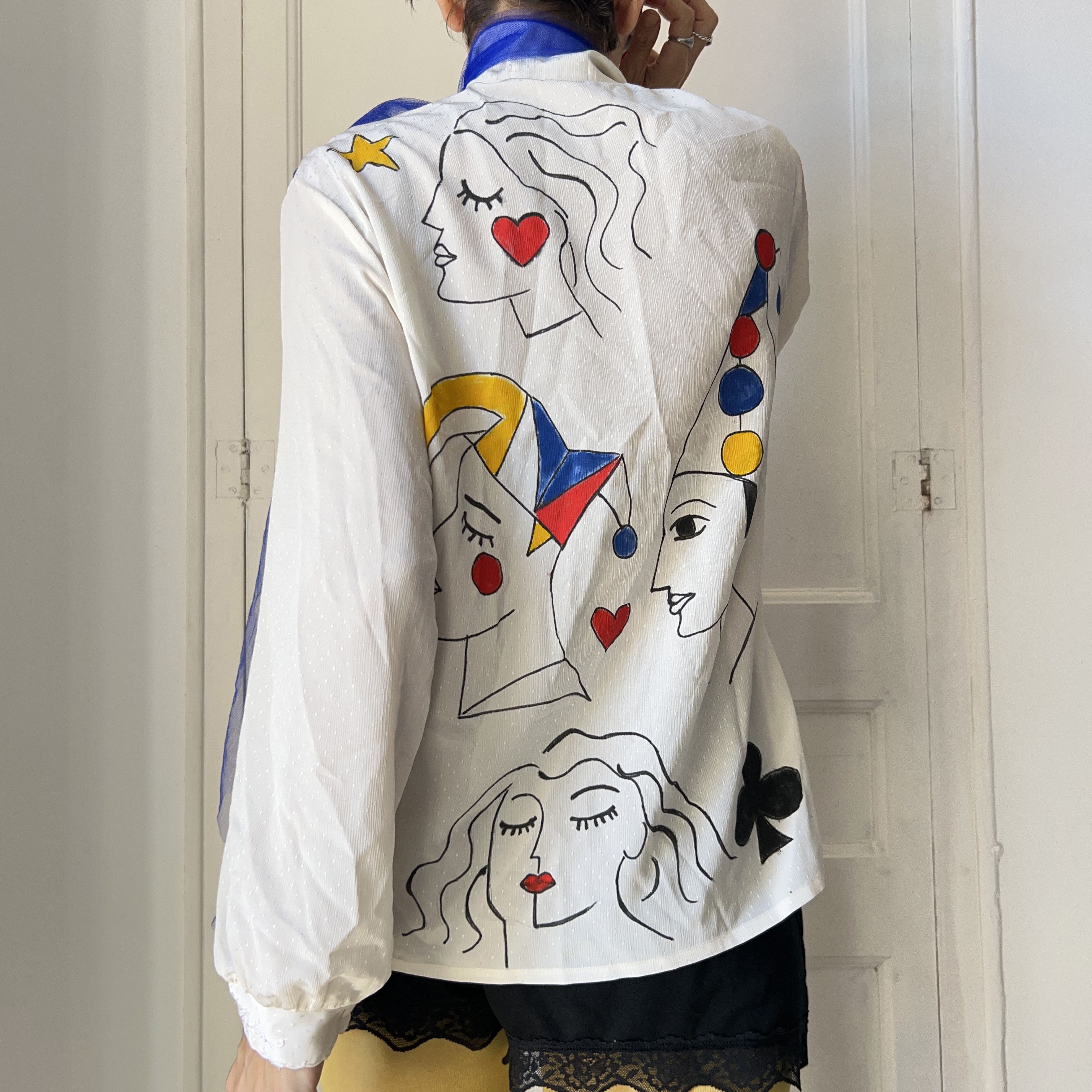 Custommade Hand Painted Vintage Harlequin Circus Blouse Size L / US 10 / IT 46 - 3 Thumbnail