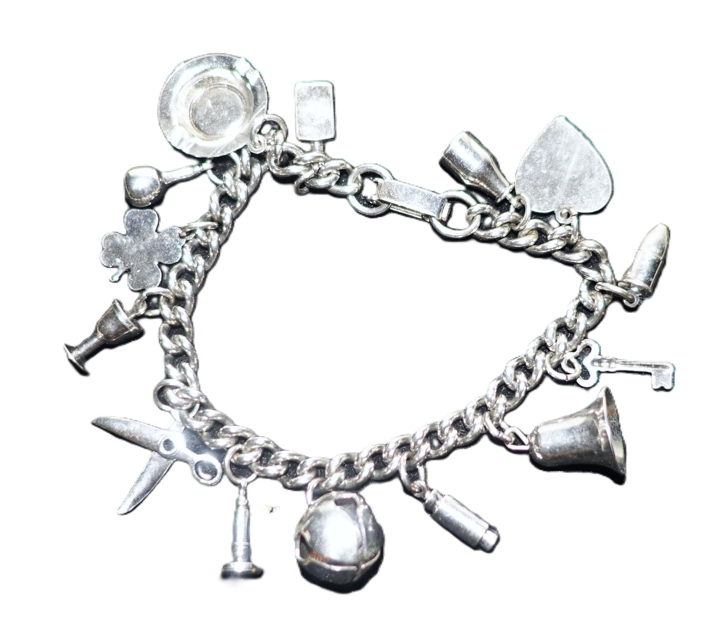 Vintage Silver tone Multi Charm Chain Bracelet Size ONE SIZE - 2 Thumbnail