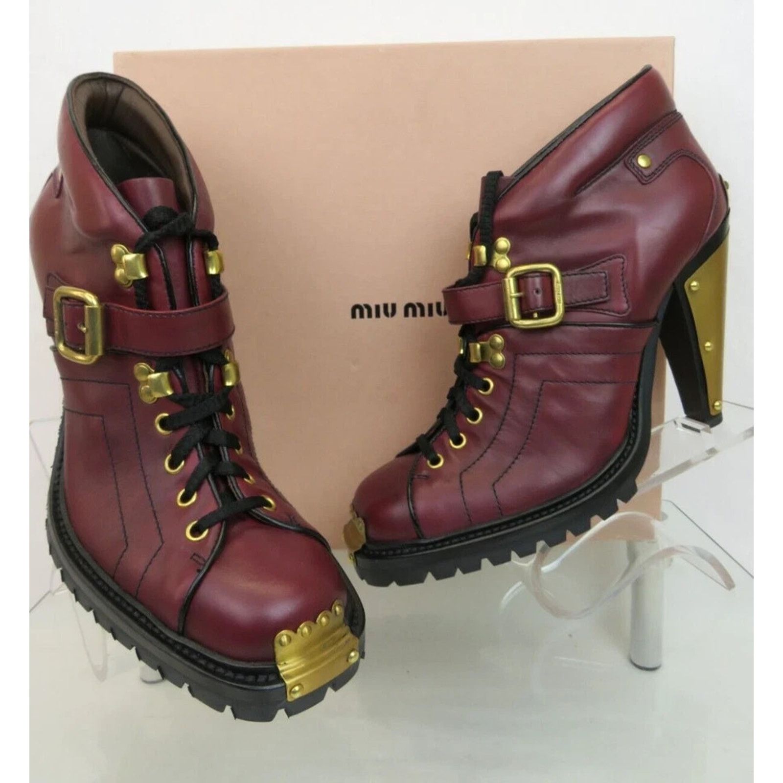 Prada MIU MIU PRADA BURGUND LEATHER METAL BELTED ANKLE BOOTS 40 IT Size US 10 / IT 40 - 4 Thumbnail