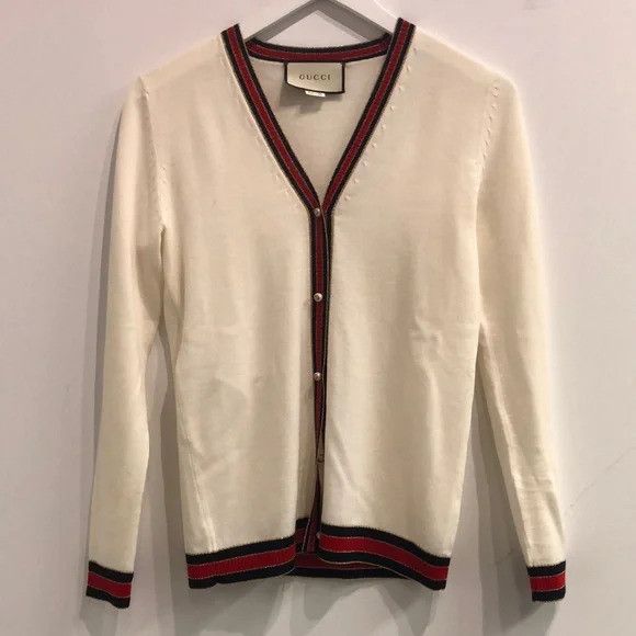 image of Gucci Ivory Striped Wool-Blend Trimmed Wool Cardigan, Women's (Size Small)