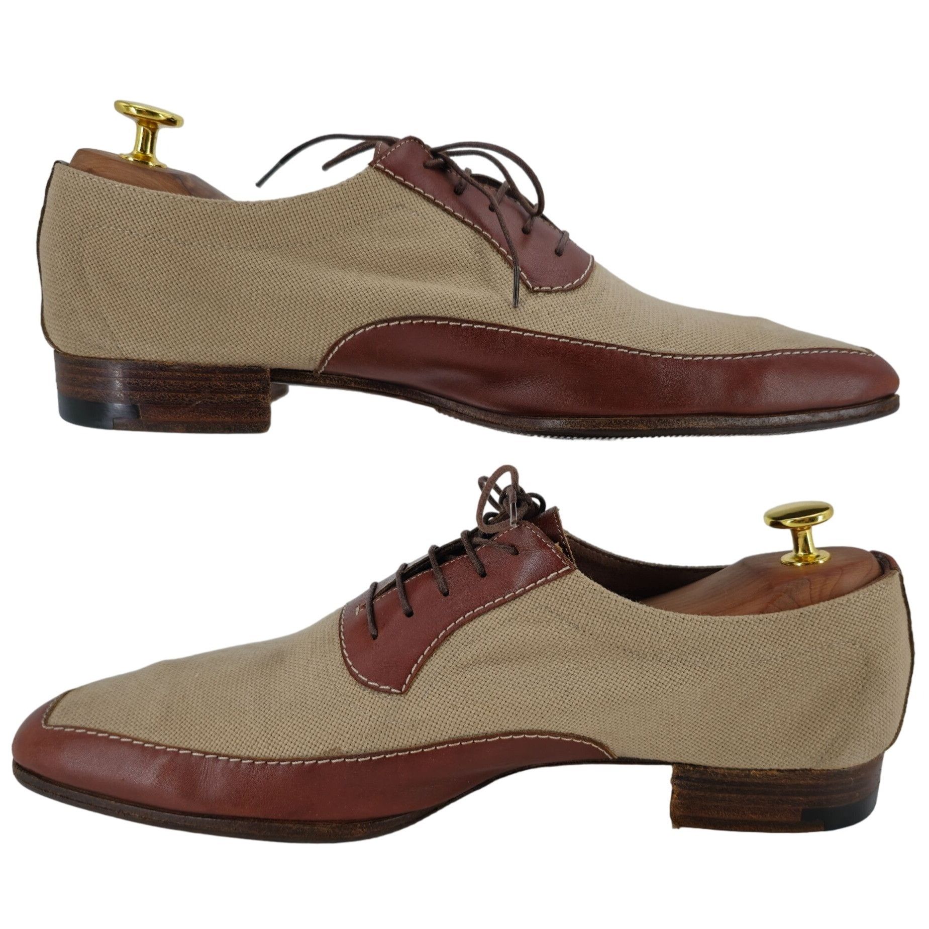 Testoni A. Testoni Italy Men 9 Dress Shoe Beige Brown Canvas Leather Size US 9 / EU 42 - 6 Thumbnail