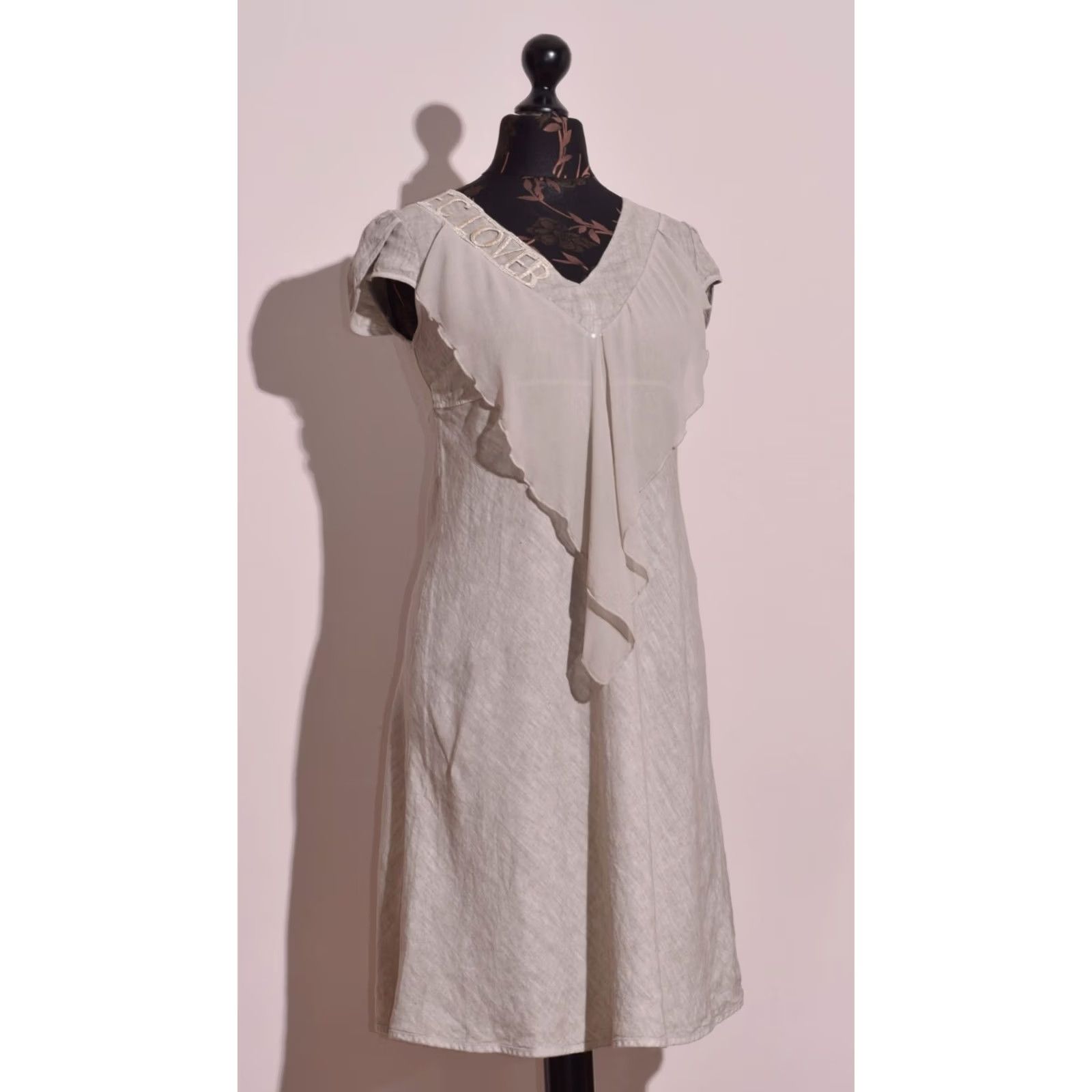 Vintage Elisa Cavaletti Women's Linen Dress Beige V-Neck Ruffles XS Knee Length Summer Casual Shift Sleeveless Vintage? No Size XS / US 0-2 / IT 36-38 - 2 Thumbnail