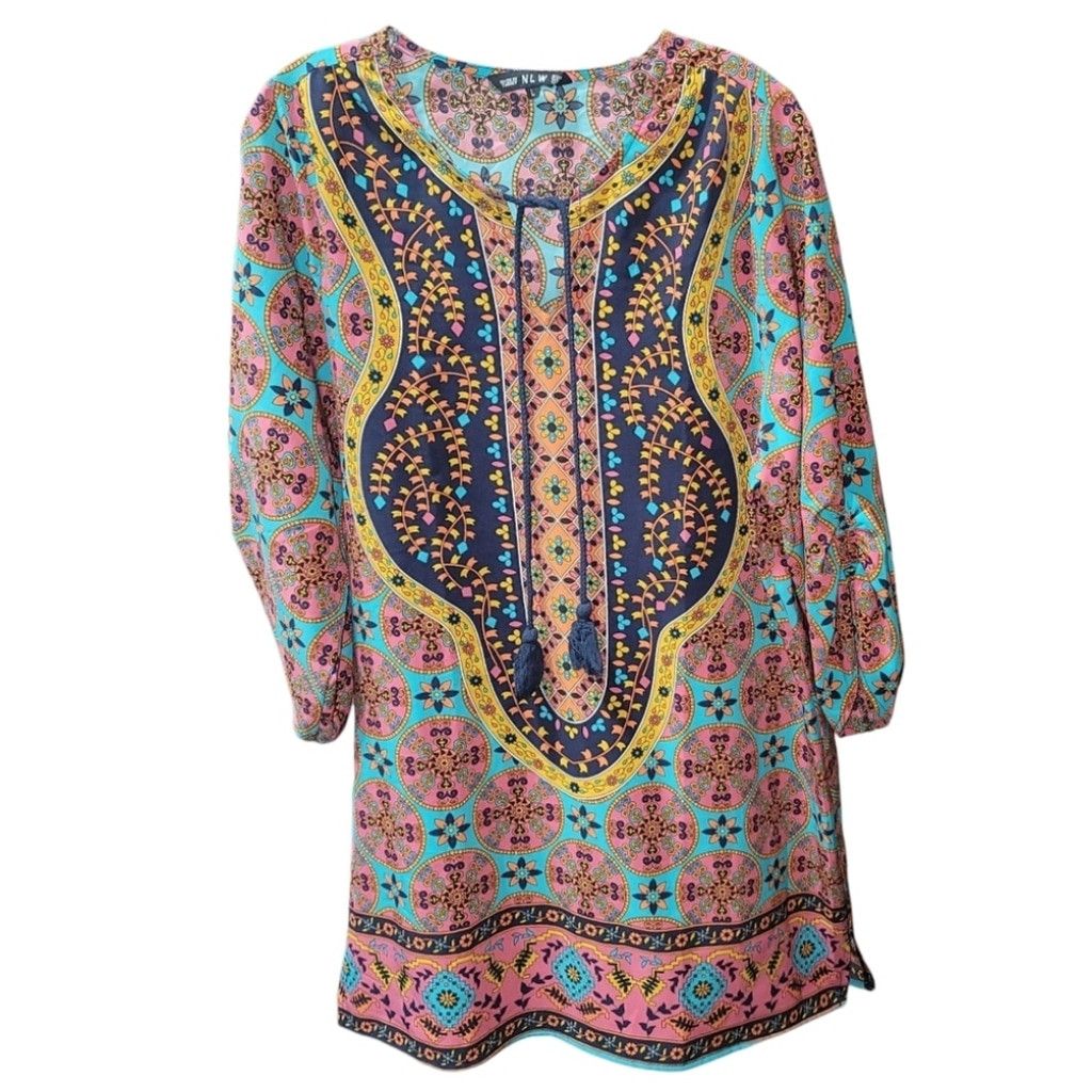 Other EUC Bohemian Neck Tie Ethnic Style Kaftan Shift Dress Size L / US 10 / IT 46 - 2 Thumbnail