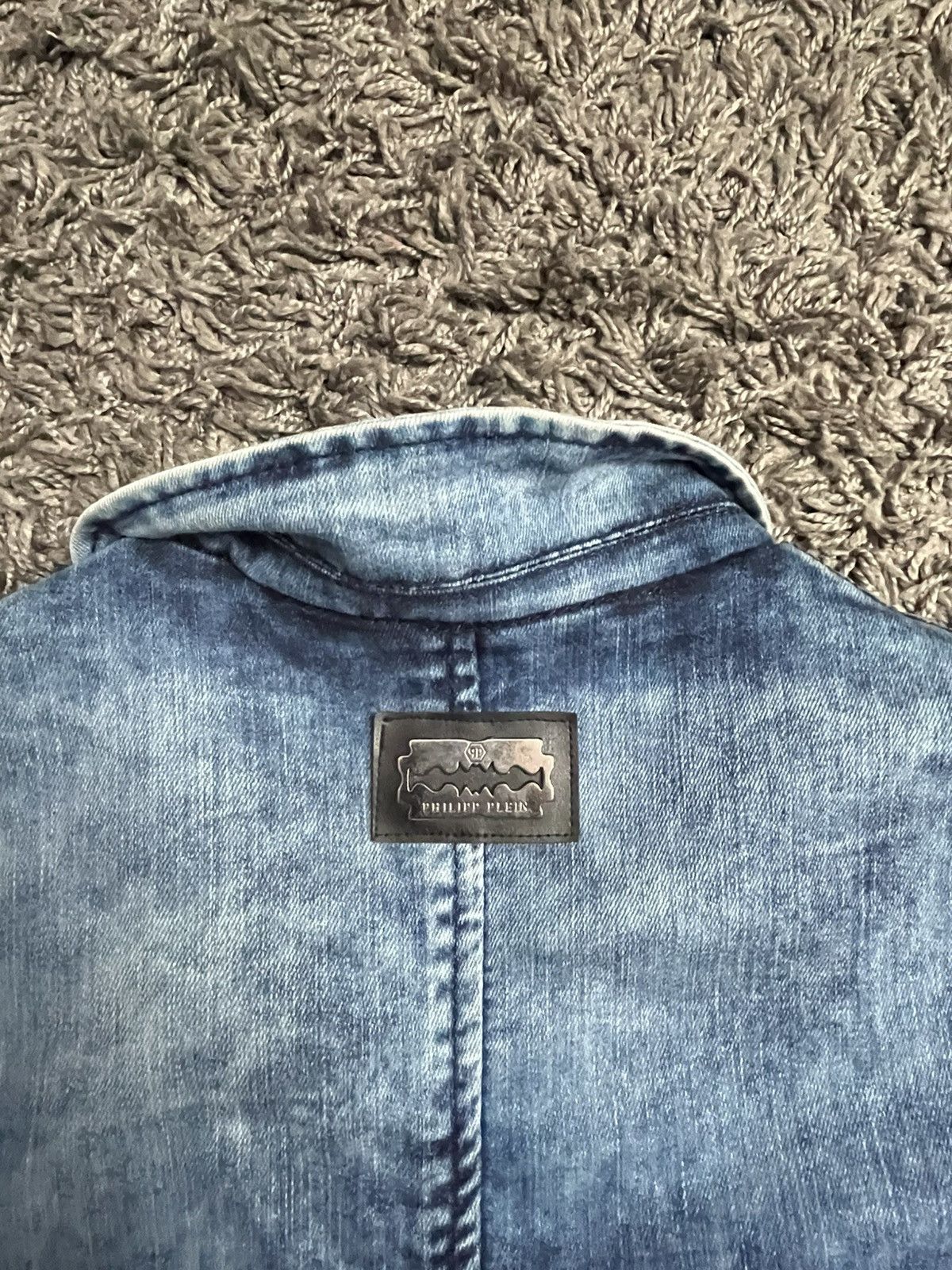 Philipp Plein Philipp Plein Distressed Denim Blazer with Camo Details Size 44S - 10 Thumbnail