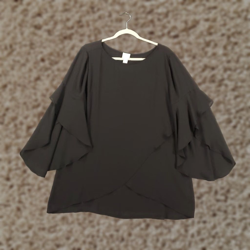 Vintage Chicos Blouse Womens Large Black Tiered Flutter Sleeve Boat Neck Tunic 2 Size L / US 10 / IT 46 - 1 Thumbnail