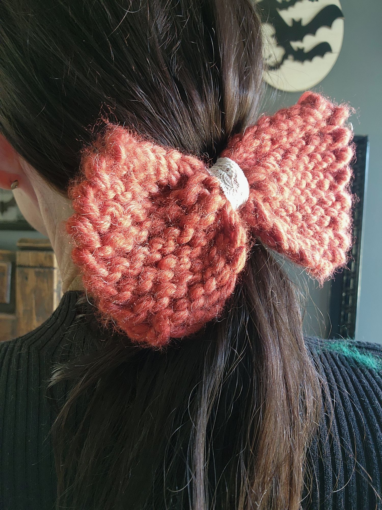 Other Knit Hair Bow, Handknitted Rust Orange Ponytail Holder or Ha Size ONE SIZE - 8 Thumbnail