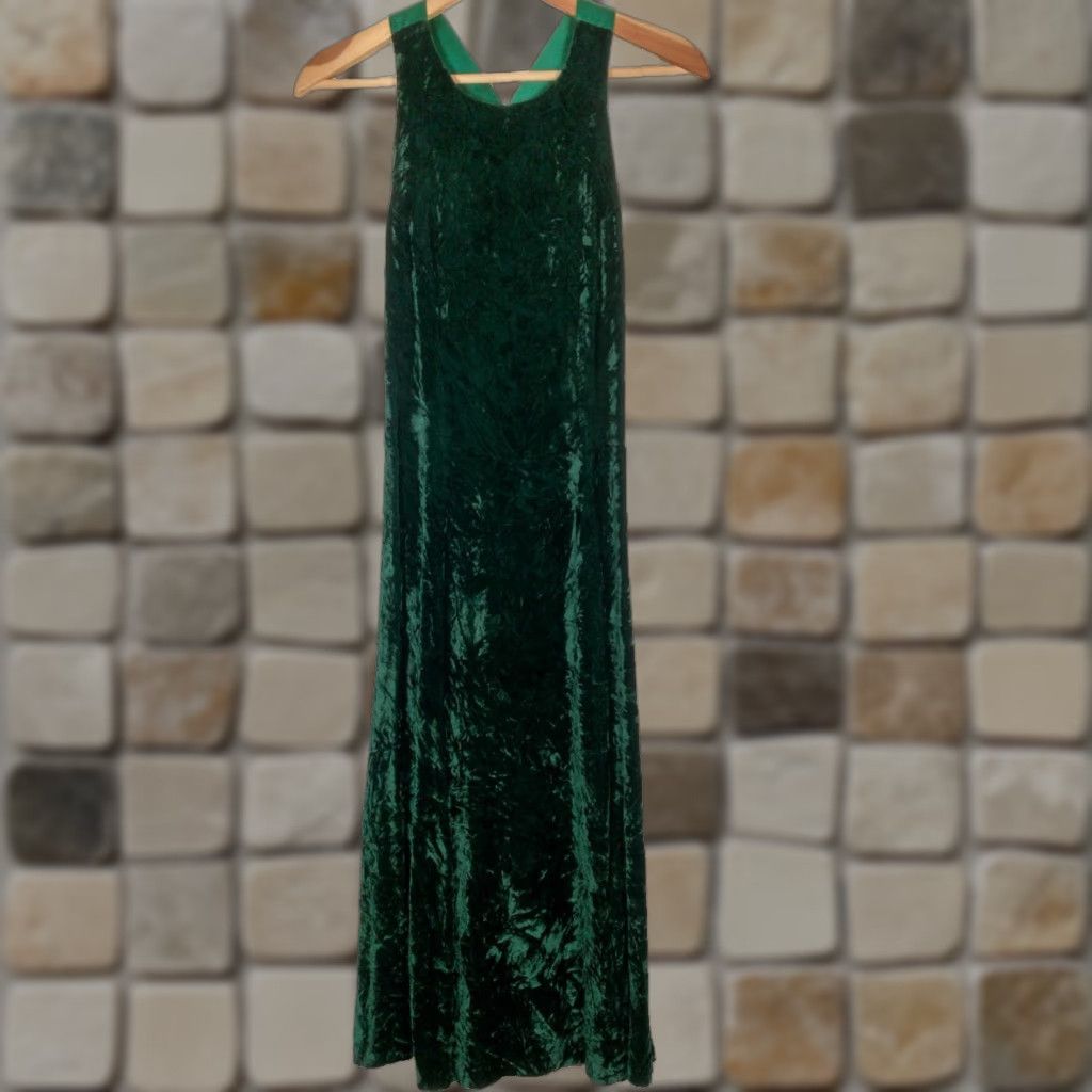Vintage VINTAGE Donna Ricci Dress Women's Petite Long Sleeveless Green Velvet Formal Party Wedding 1990s Size S / US 4 / IT 40 - 1 Thumbnail