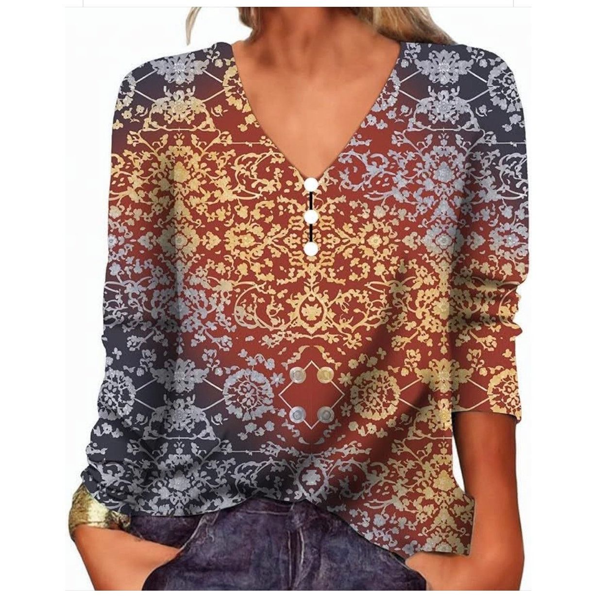 Other long-sleeve V-neck blouse with bohemian floral pattern Sz L Size L / US 10 / IT 46 - 2 Thumbnail