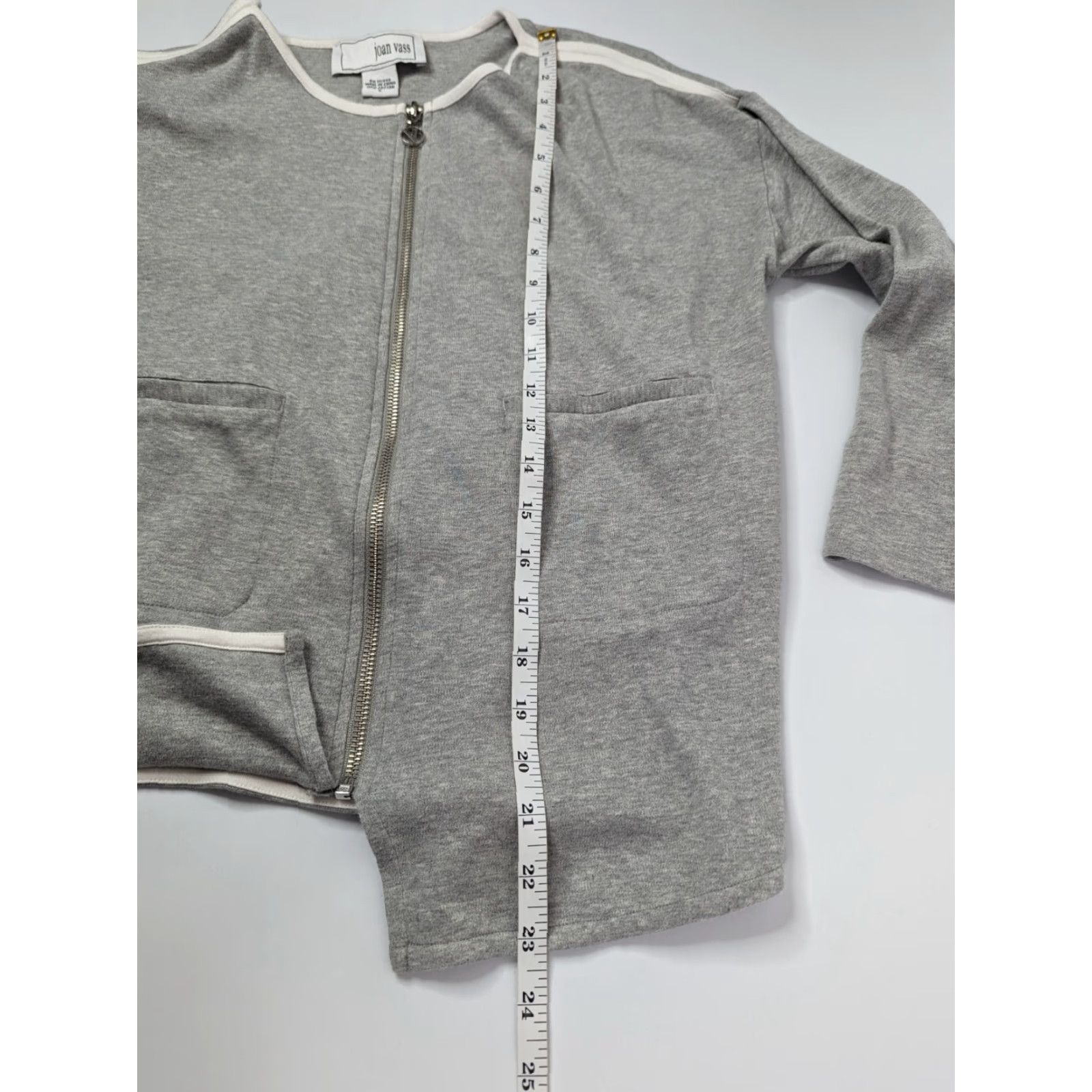 Vintage Joan Vass Jacket Zip ¾ Sleeves Grey Cardigan White Trim 0 Size Front Pockets Women 100% Cotton Size XS / US 0-2 / IT 36-38 - 4 Thumbnail