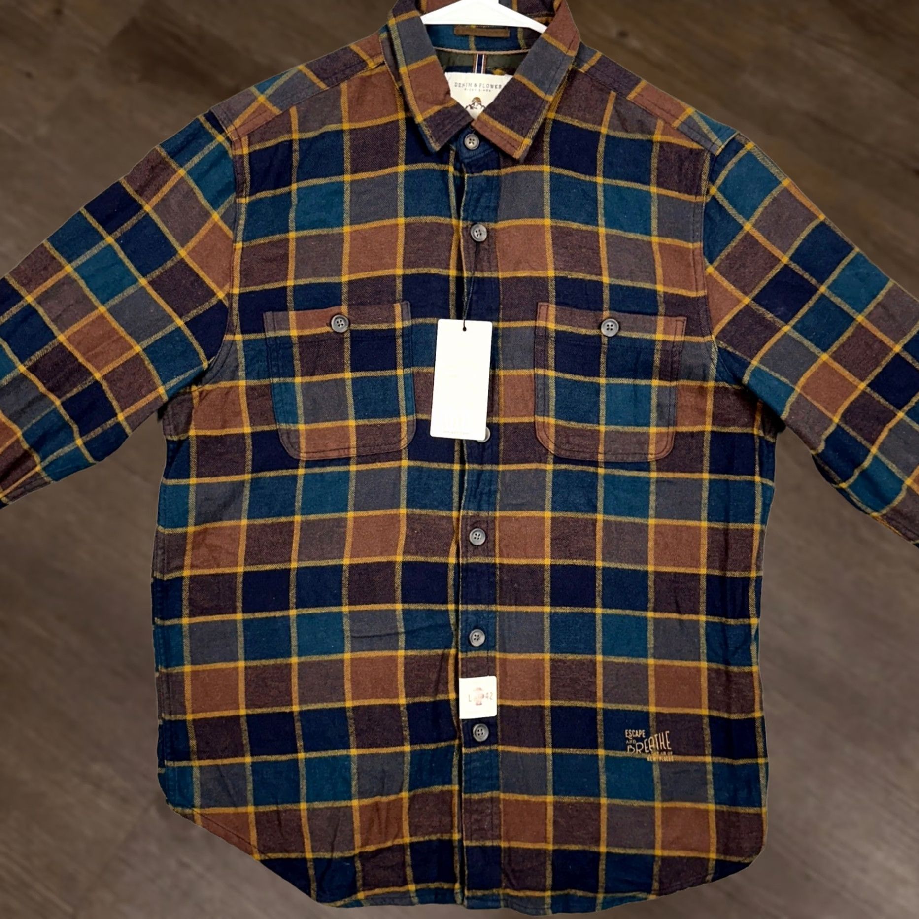 Denime DENIM & FLOWER RICKY SINGH Shirt Mens L Navy Brown Plaid Button Up Flannel Cotton Two Chest Pockets Outdoor Casual Travel Size US L / EU 52-54 / 3 - 1 Thumbnail