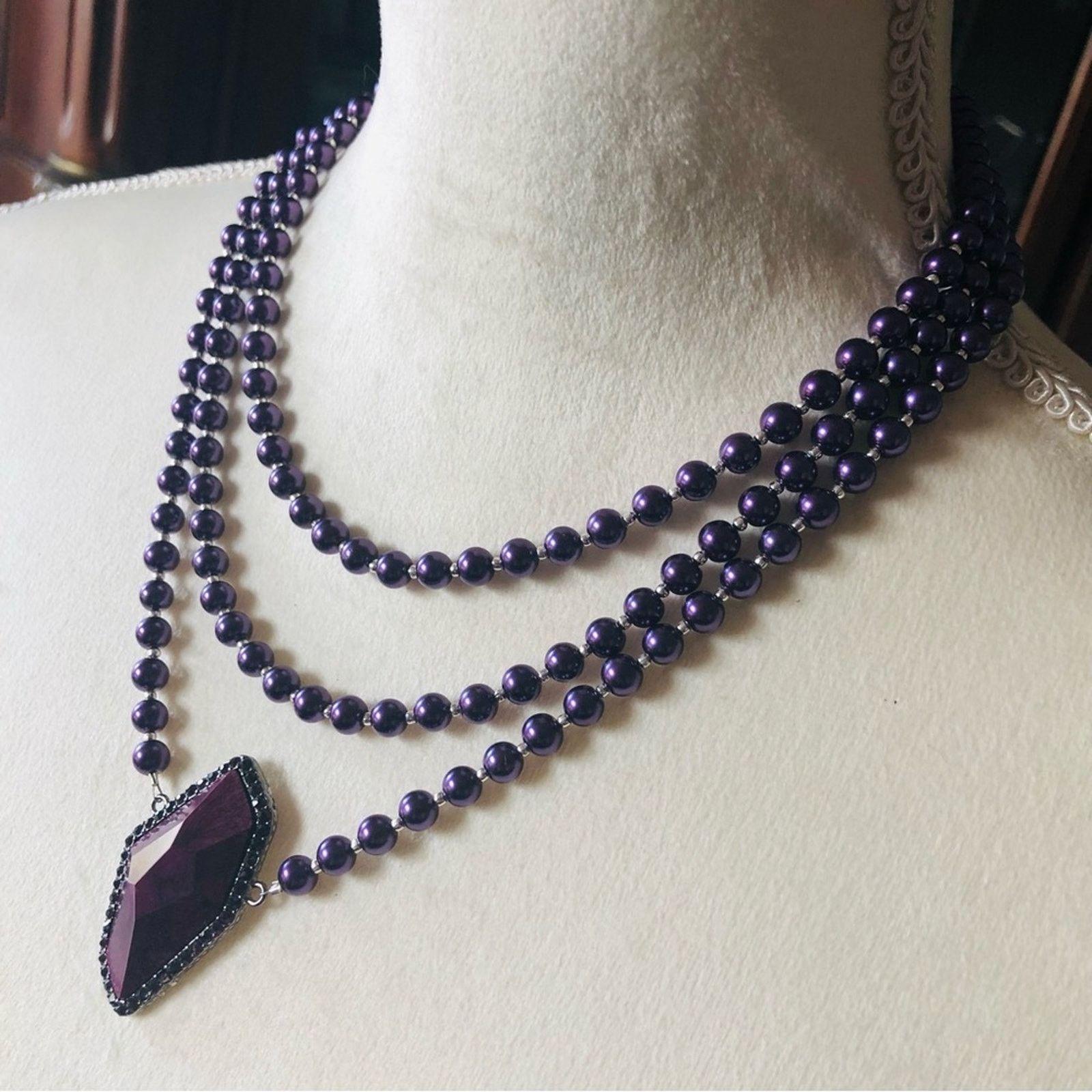 Handmade Handcrafted repurpose large faceted stone Pearl necklace Size ONE SIZE - 4 Thumbnail