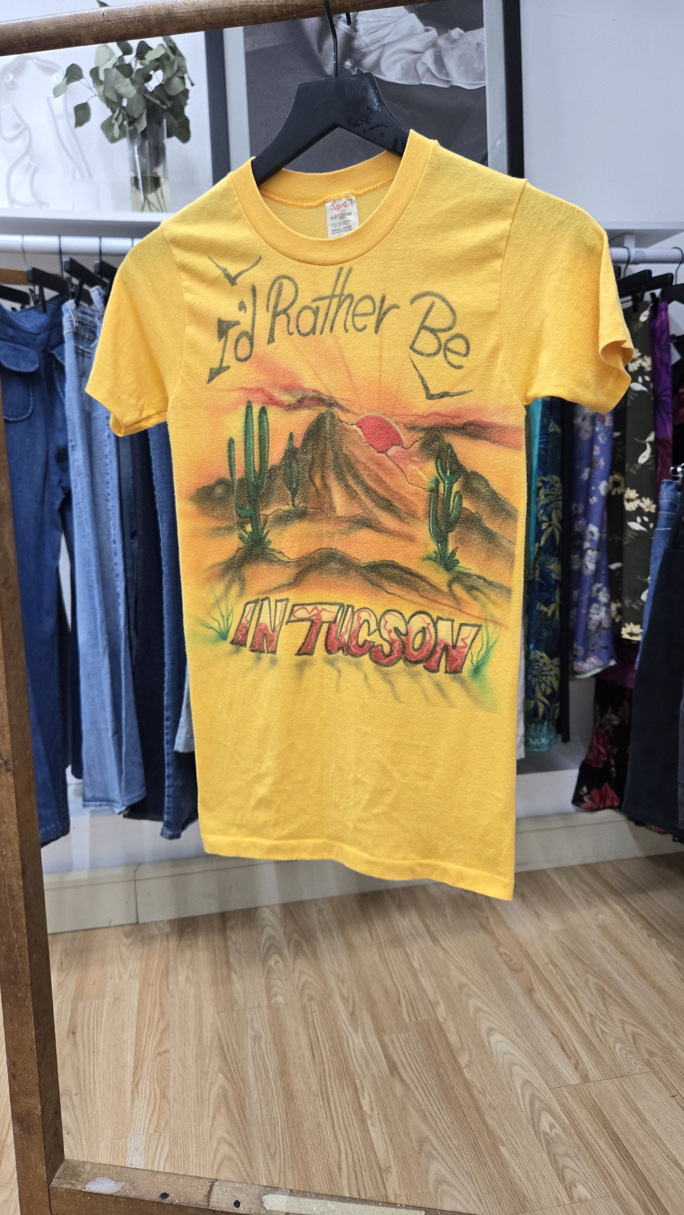 image of Vintage 80's Airbrushed T-Shirt in Yellow, Men's (Size XS)