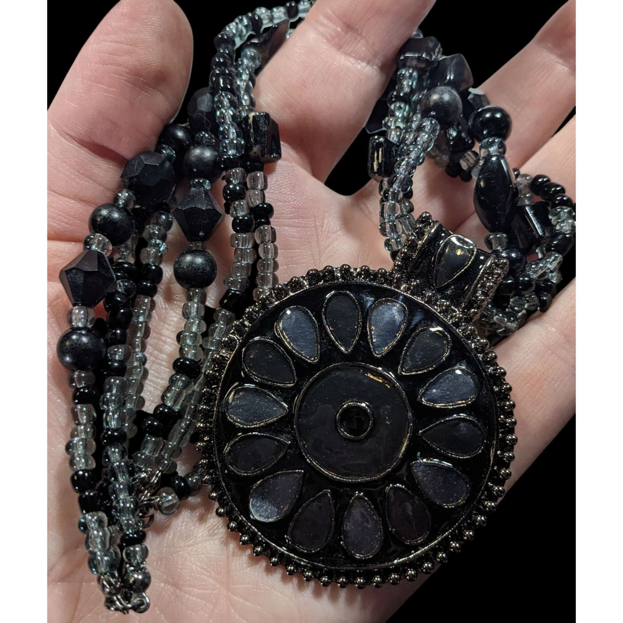 Other Black And Grey Multilayer Beaded Floral Medallion Pendant Ne Size ONE SIZE - 3 Thumbnail