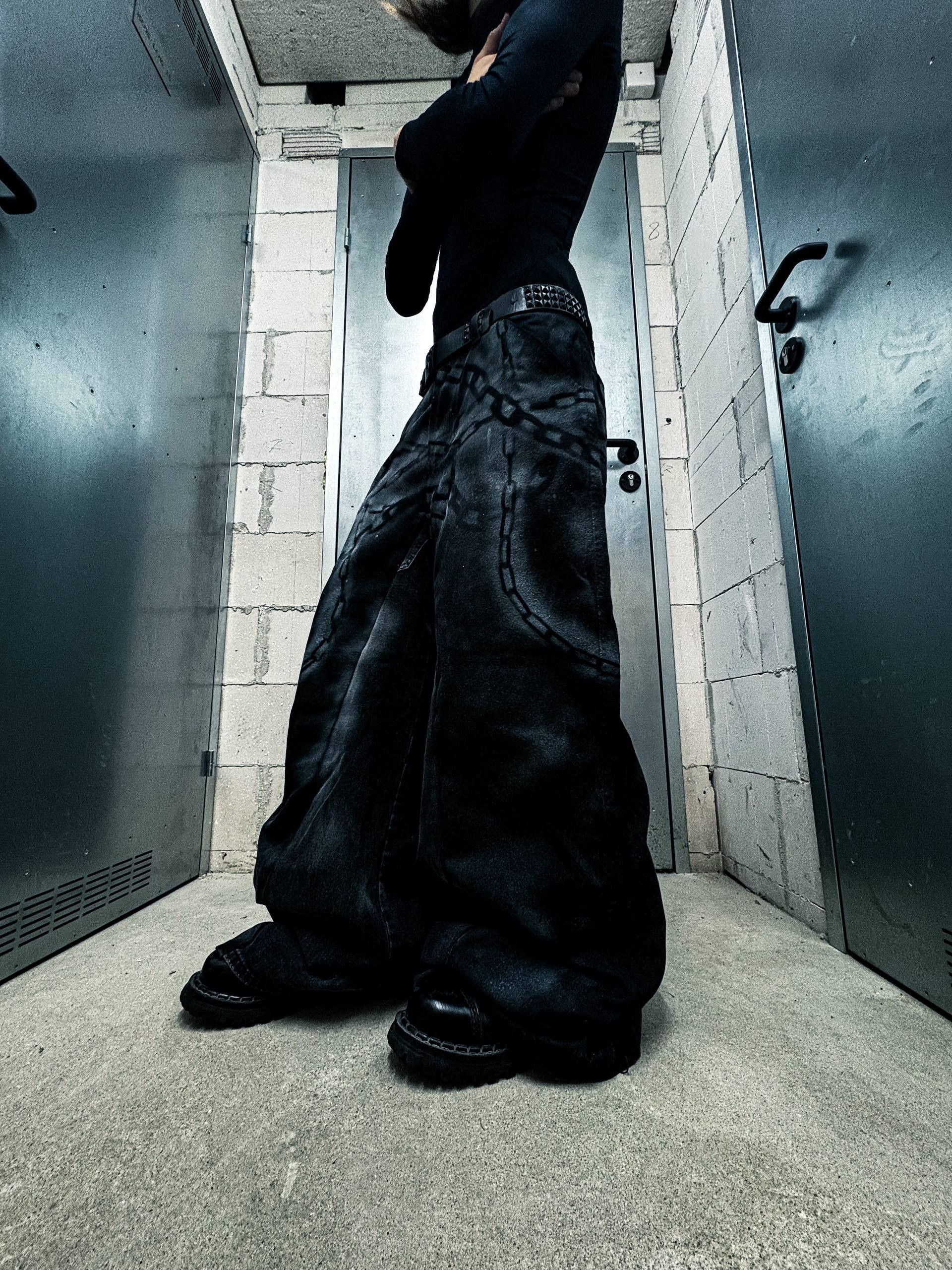 Japanese Brand Black Wide jeans with Chains Handmade Baggy Y2K Streetwear Size US 36 / EU 52 - 2 Thumbnail