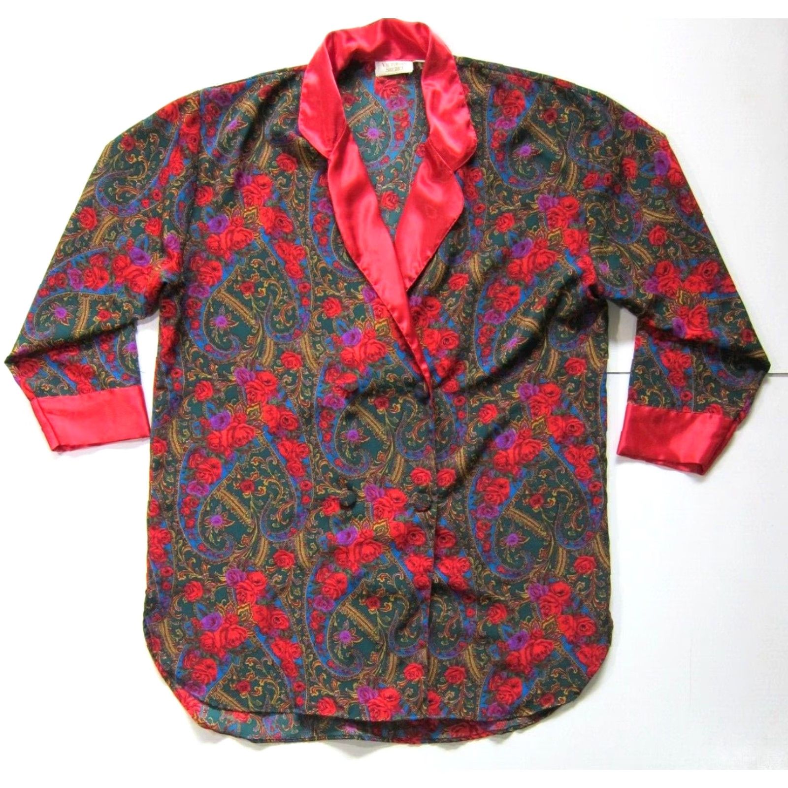 Victoria's Secret VINTAGE Victoria's Secret Red Green Blue Floral Collared Pocket Night Shirt L Size L / US 10 / IT 46 - 2 Thumbnail