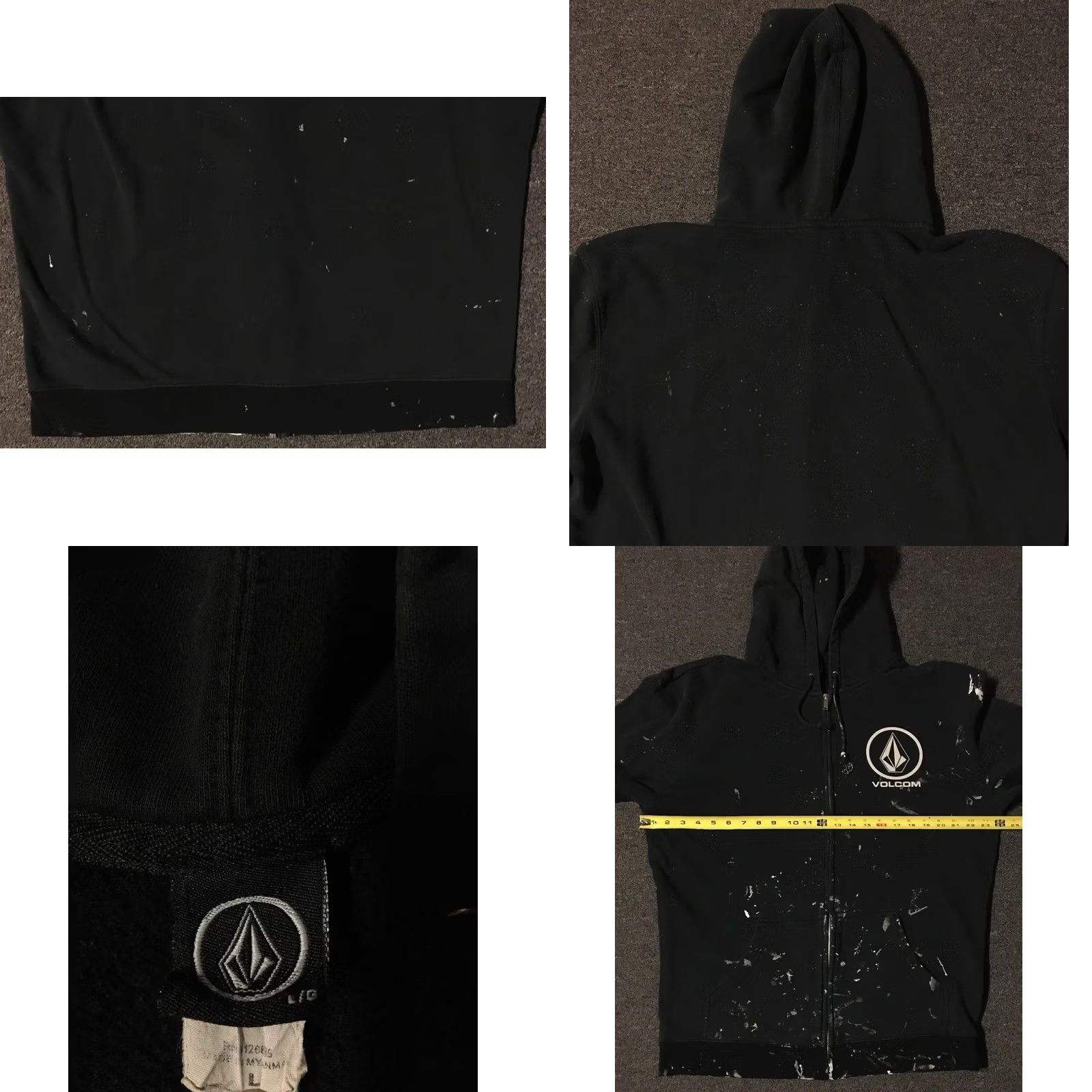 Quiksilver VINTAGE Volcom Hoodie Surf Skate Grunge Punk 90s Thrashed Faded Paint Large Black Mens Sweatshirt Full Zip Size US L / EU 52-54 / 3 - 8 Thumbnail