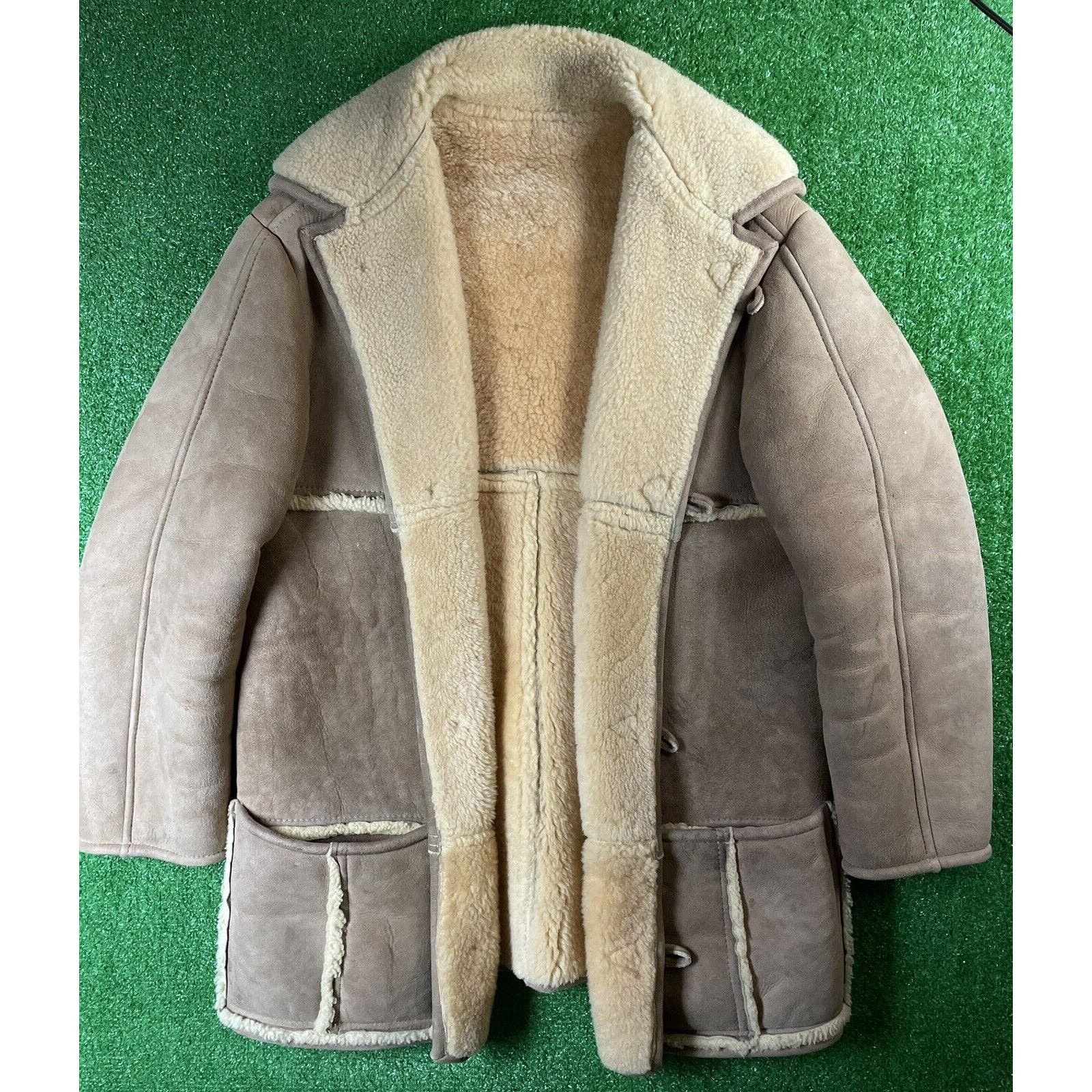 image of Vintage Shearling Sheepskin Leather Large Coat Jacket Usa in Beige, Men's