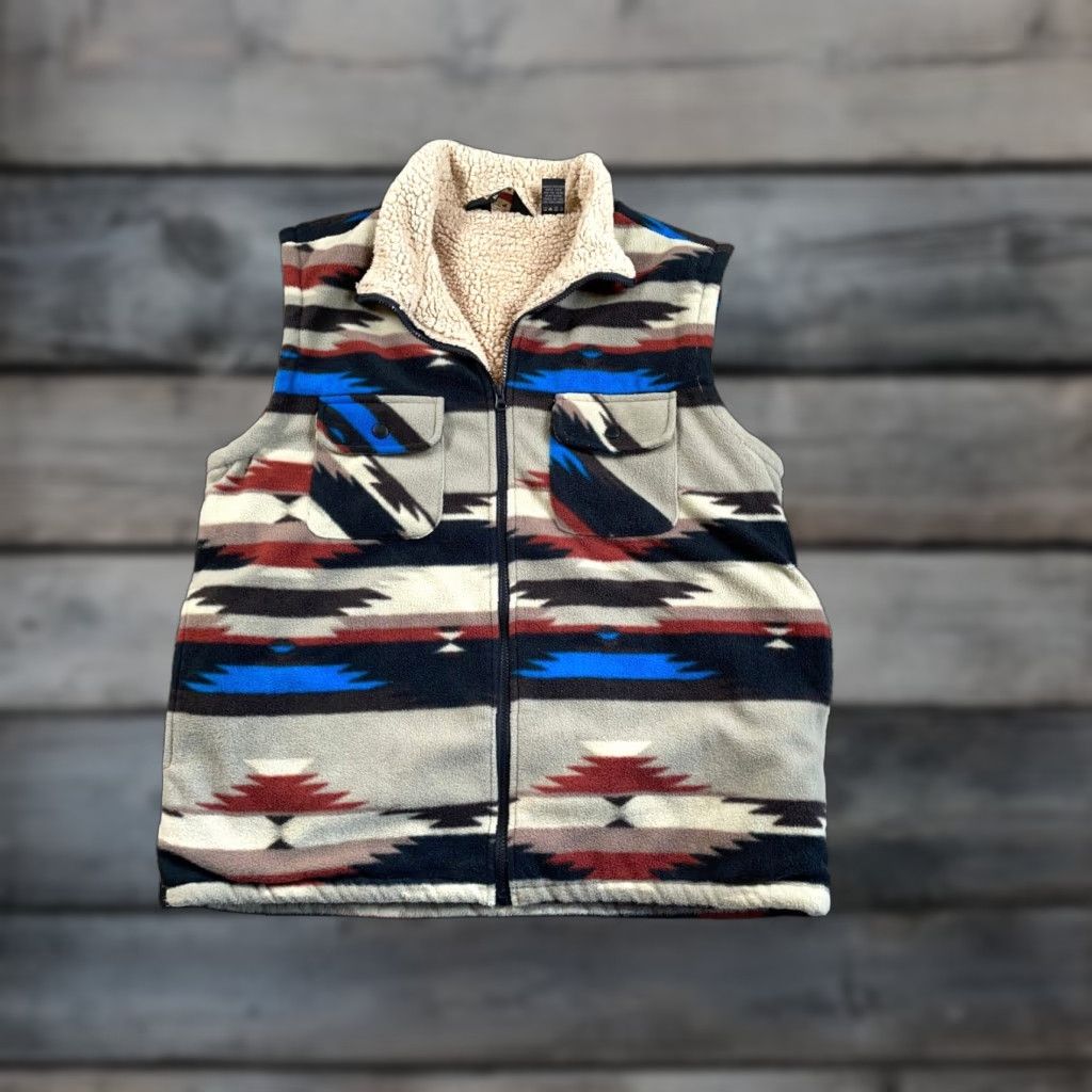 Vintage Sherpa Lined Southwestern Pattern Fleece Zip Up Vest Adult Large Beige Geometric Size US XL / EU 56 / 4 - 1 Thumbnail