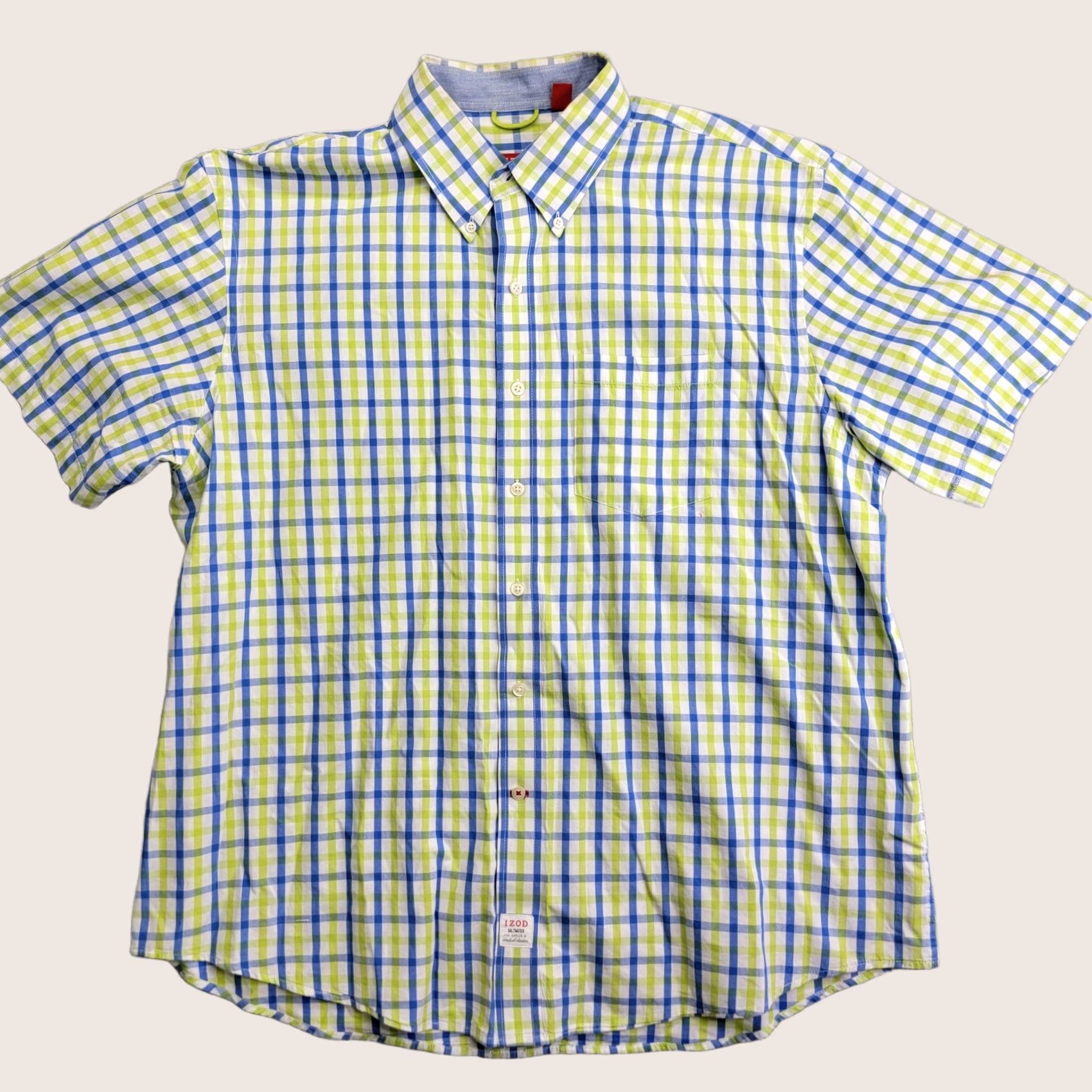 Izod IZOD Saltwater Shirt Mens XL Blue Green Plaid Short Sleeve Button-Down Collar Shirt Size US XL / EU 56 / 4 - 1 Thumbnail