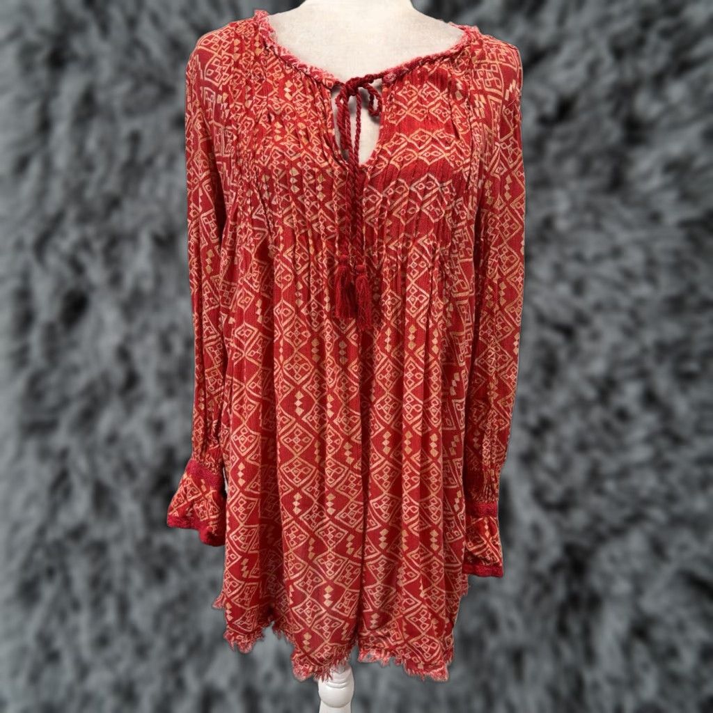 Free People Free People Long Sleeve Boho Tie Neck Swing Dress Red Small Women Size S / US 4 / IT 40 - 1 Thumbnail