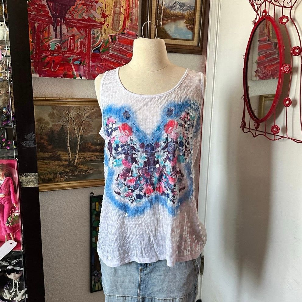Faded Glory faded glory white butterfly sequin tank top Size XL / US 12-14 / IT 48-50 - 1 Thumbnail