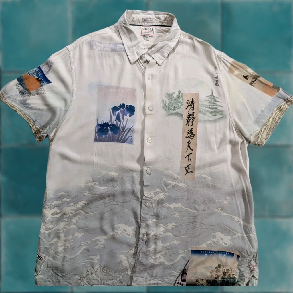 Guess GUESS Shirt Mens Large Regular Hawaiian Birds Japanese Mountains 100% Viscose Short Sleeve Button-Up White Pattern Watercolor Painting Multicolor? Size US L / EU 52-54 / 3 - 1 Thumbnail