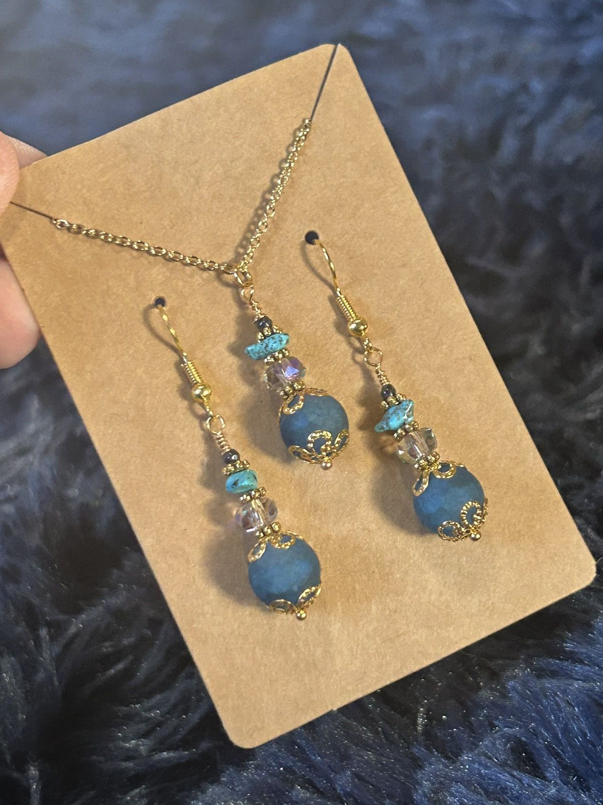 Handmade Handcrafted blue crackle glass crystal turquoise set Size ONE SIZE - 1 Thumbnail
