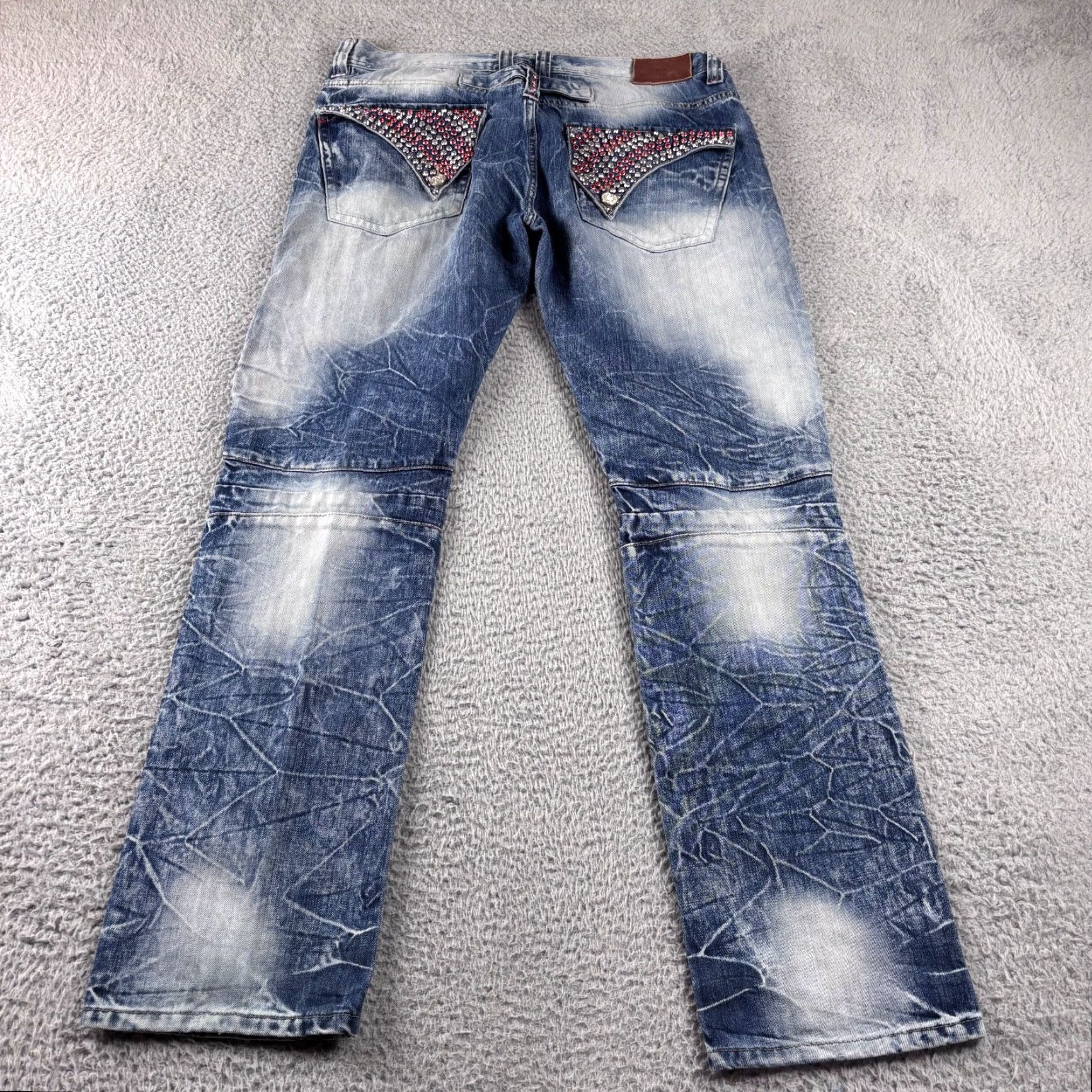 Vintage M-X Original American Denim Jeans Mens 36x34 Distressed Embossed Crystals 5-Pocket Straight Jeans Size US 36 / EU 52 - 5 Thumbnail