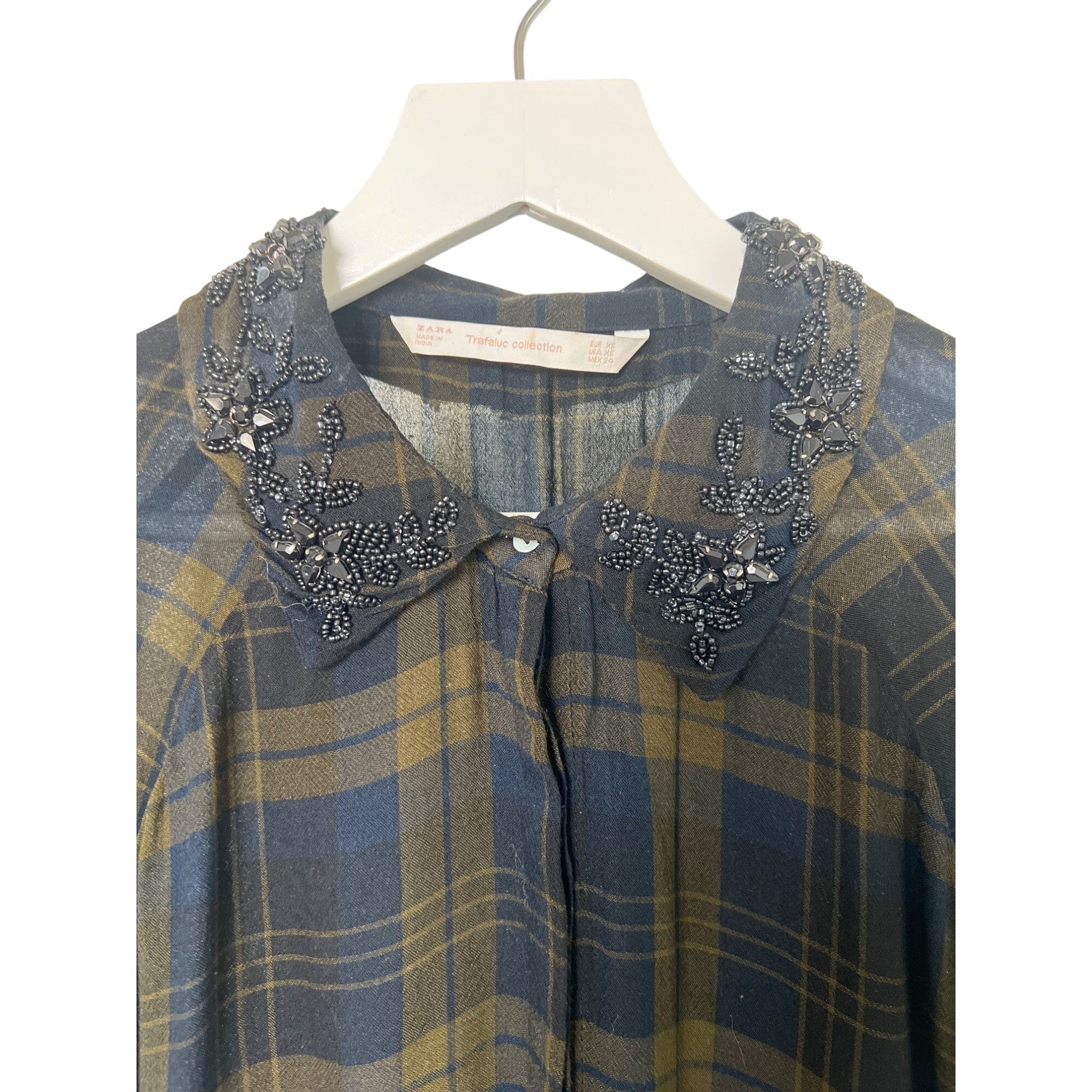 Zara Zara Trafaluc Plaid Sheer Collar Blouse With Beaded Embellis Size XS / US 0-2 / IT 36-38 - 2 Thumbnail