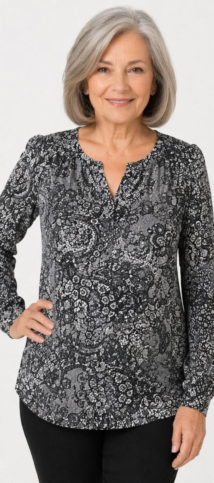 Other Simply Vera Vera Wang Black White Patterned Long Sleeve Top Size S / US 4 / IT 40 - 1 Thumbnail