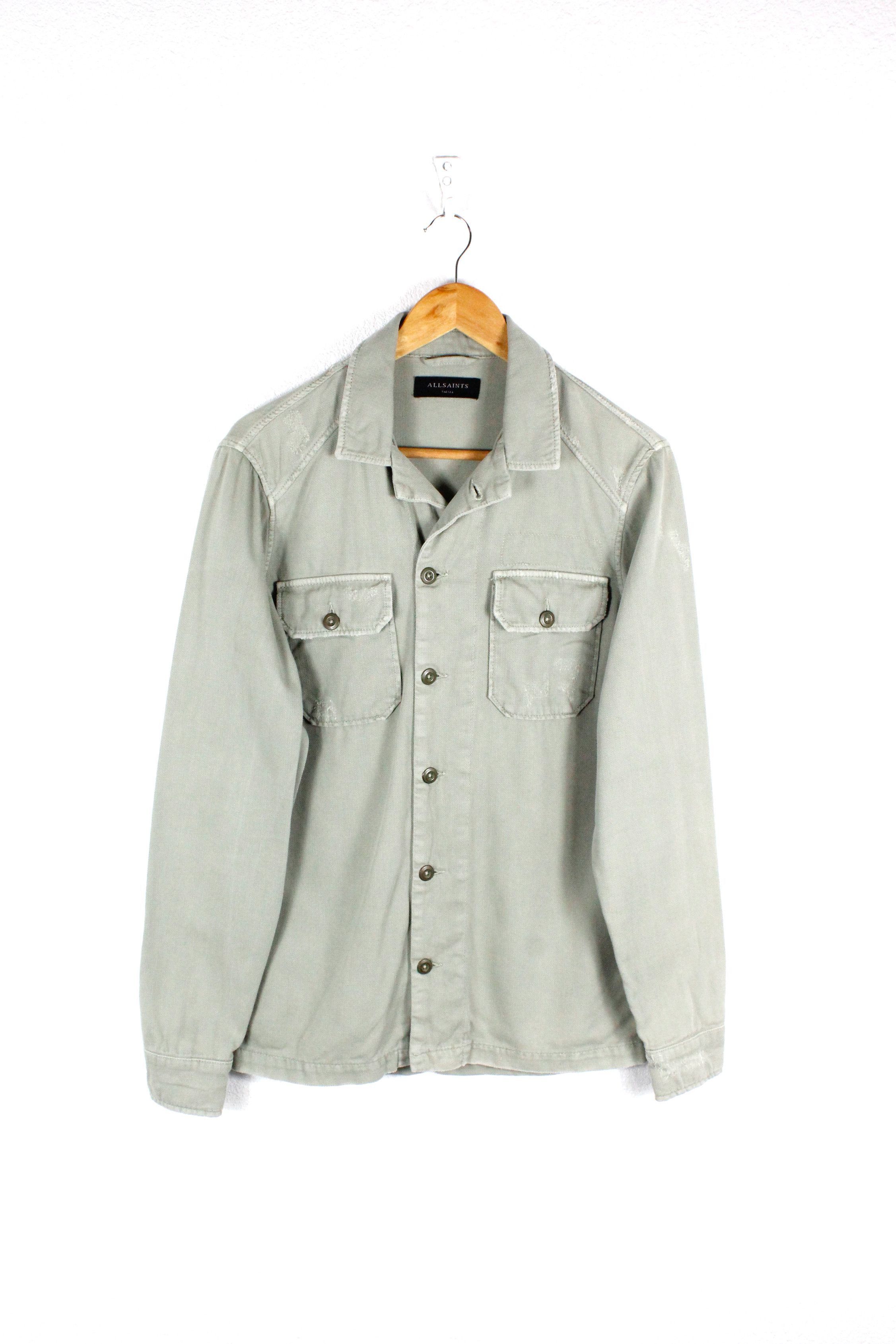 Allsaints Allsaints Jackson Green Distressed Herringbone Knit Shirt Size US S / EU 44-46 / 1 - 1 Thumbnail