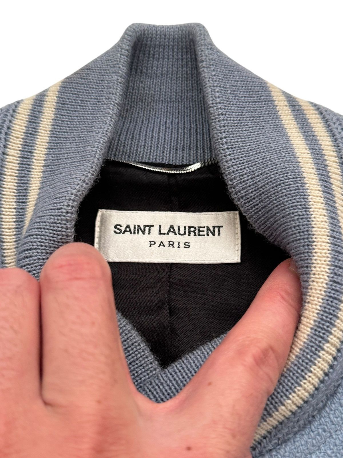 Saint Laurent Paris 2016 Baby Blue Teddy Wool Varsity Jacket Size US M / EU 48-50 / 2 - 2 Thumbnail