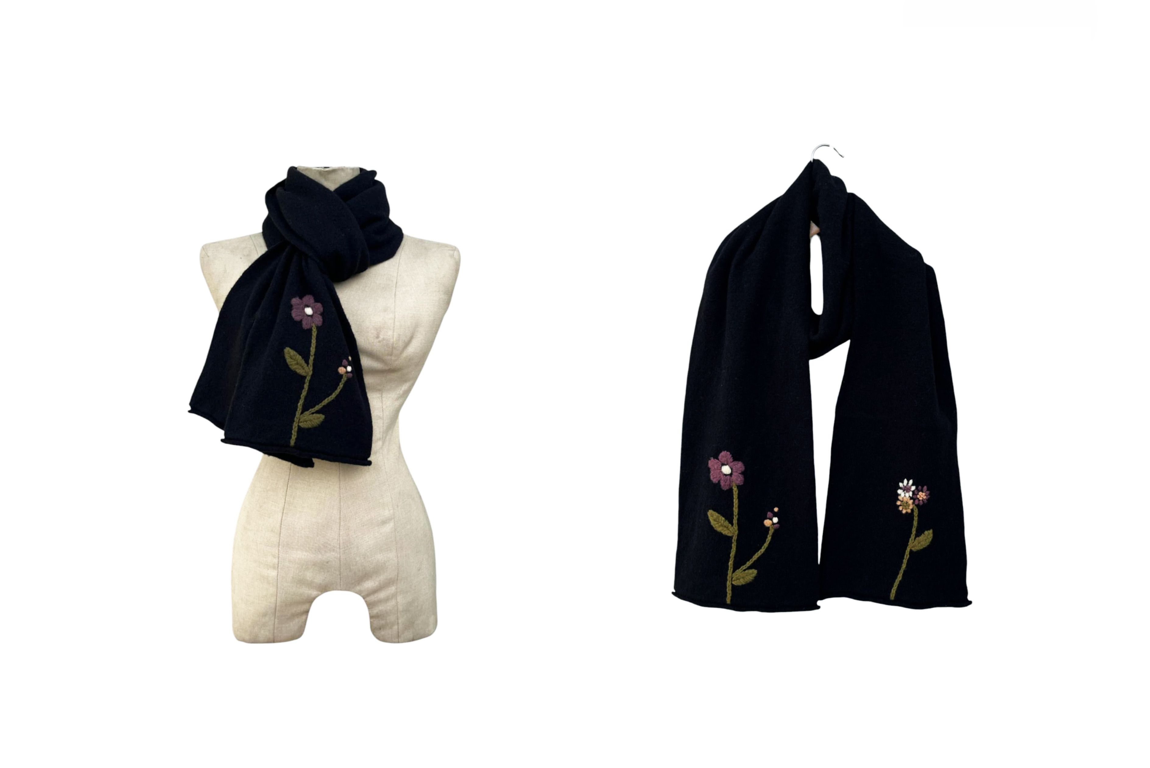 Vintage "Jocomomola" wool long scarf with florals hand embroidery Size ONE SIZE - 2 Thumbnail