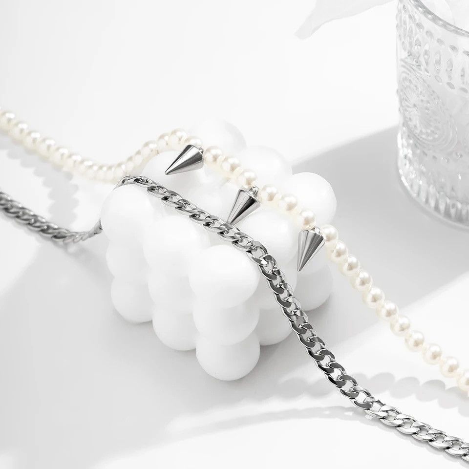 Jewelry Gothic Punk Pearl Spike Two Set Necklaces Chains Chokers Size ONE SIZE - 5 Thumbnail