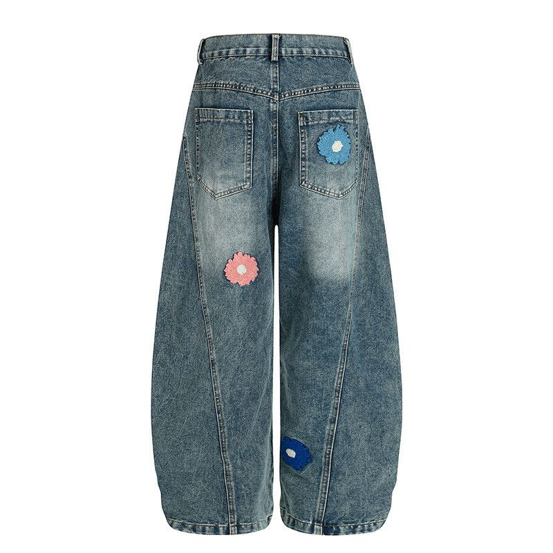 Jean Men's loose straight wide-leg floral embroidered work jeans Size US 32 / EU 48 - 2 Thumbnail