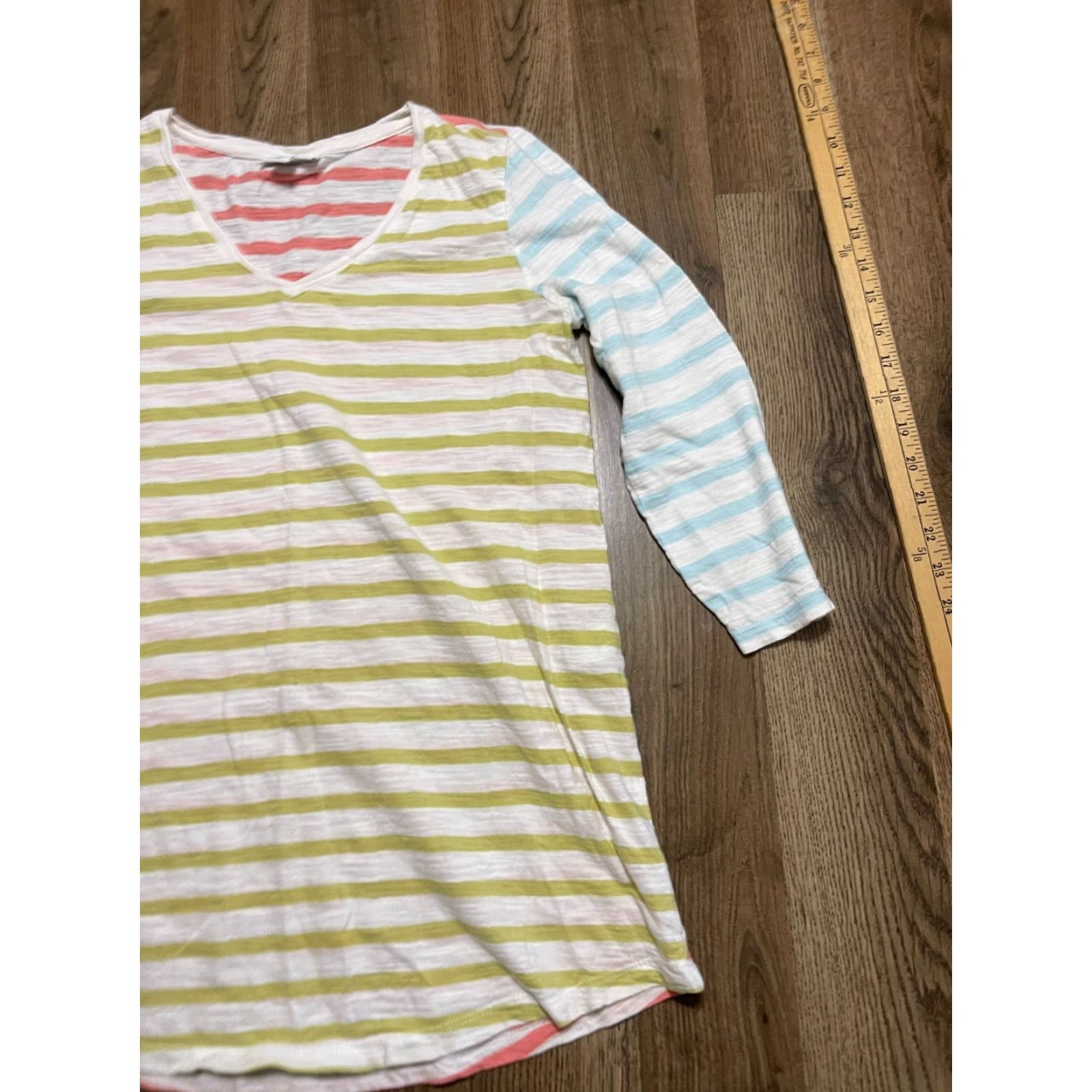 J. Jill J. Jill Shirt Womens XS Striped 3/4 Sleeve V-neck Multicolor Blue Green Pink White T-Shirt Casual Womens XS Size XS / US 0-2 / IT 36-38 - 4 Thumbnail