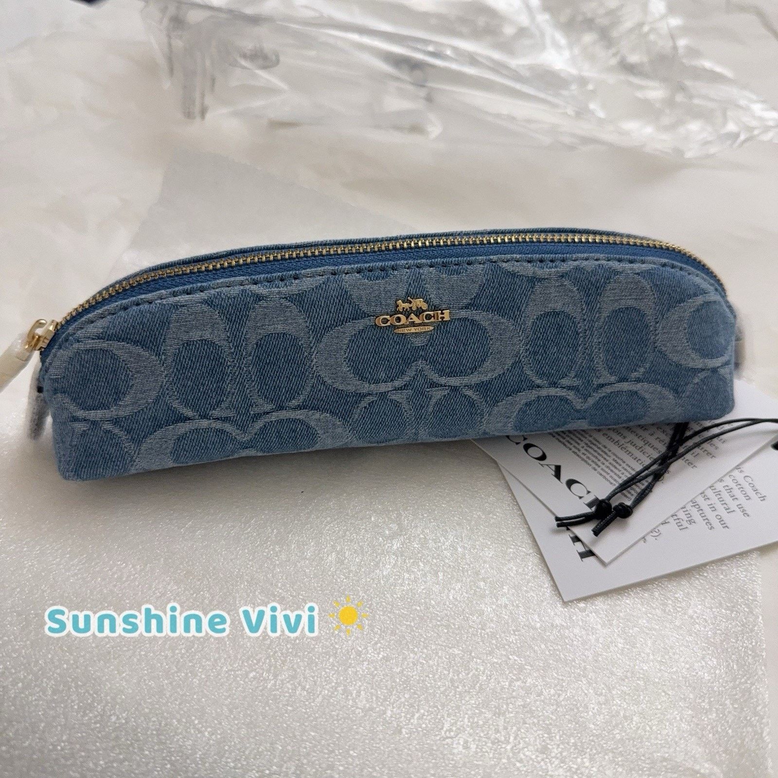 NWT Coach Pencil Case In Signature Denim CDC10 Gold/Indigo