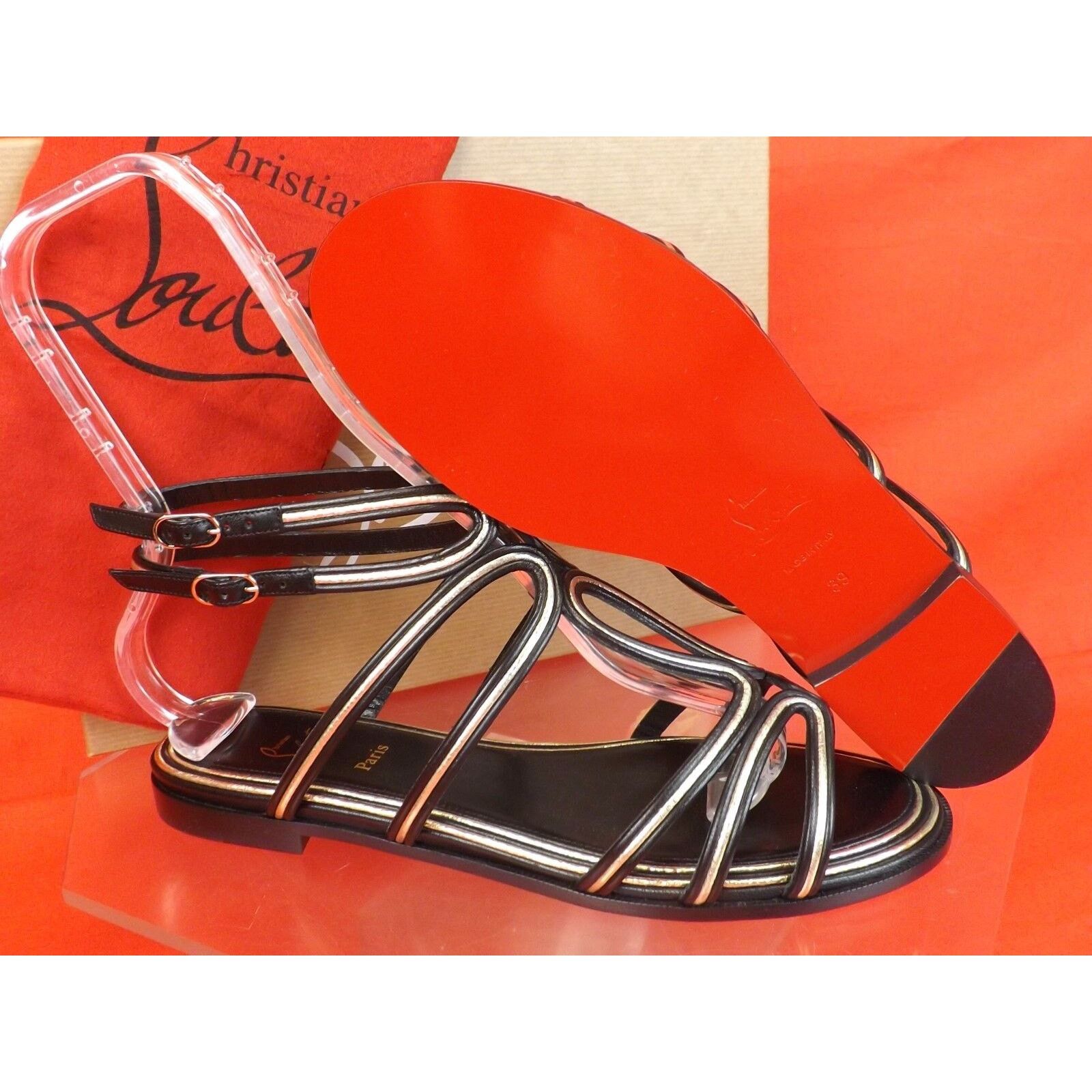 Christian Louboutin ZENOSANDY BLACK LEATHER CAGED FLATS GLADIATOR SANDALS 38.5 Size US 8.5 / IT 38.5 - 4 Thumbnail