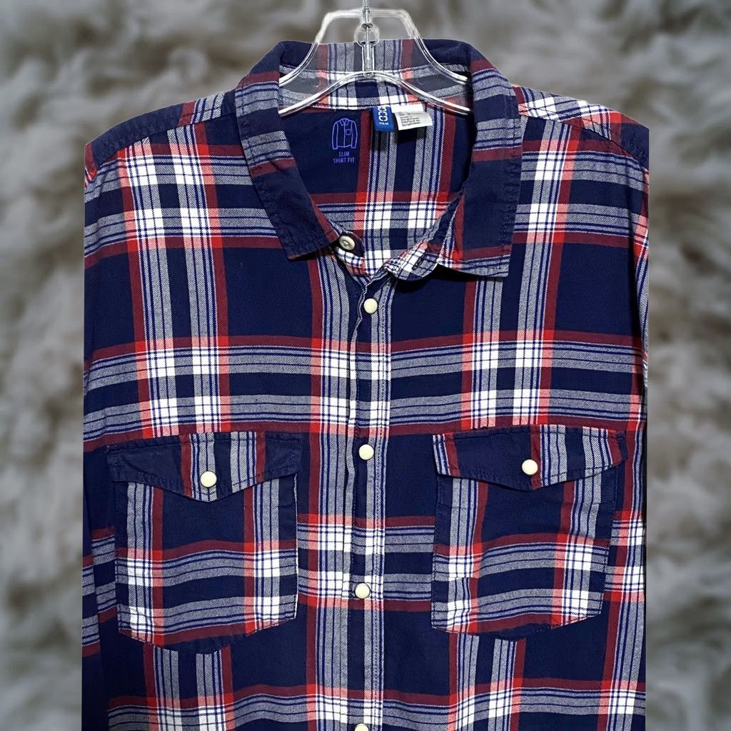 H&M H&M Divided Shirt Mens L Button-Up Plaid Slim Fit Pearl Snap Button-Down Outdoors Casual Fall Y2K Slim Fit Plaid Shirt Mens L Blue Size US L / EU 52-54 / 3 - 1 Thumbnail