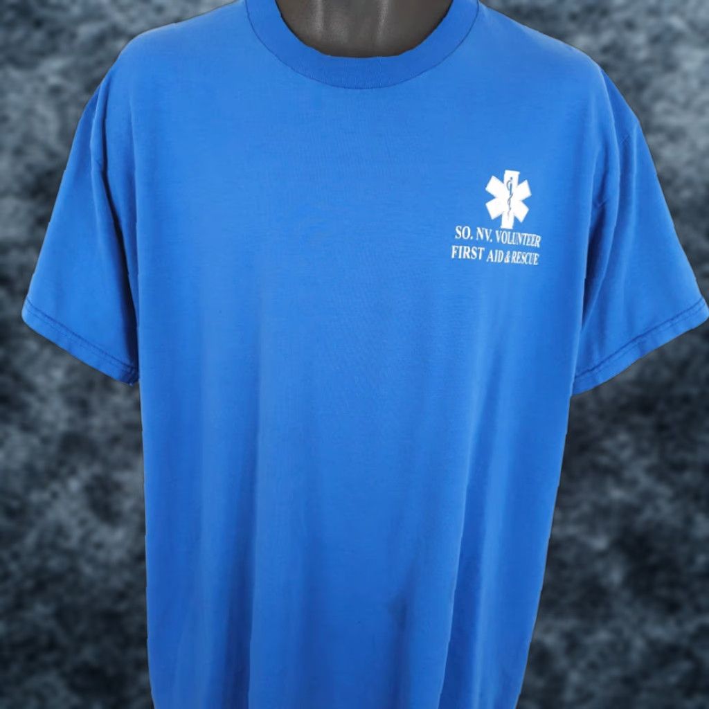 Fruit Of The Loom VINTAGE Fruit of the Loom T-Shirt Mens XL Blue 90s Y2K First Aid & Rescue Short Sleeve Crew Neck Cotton Blend | Double-Sided Size US XL / EU 56 / 4 - 1 Thumbnail