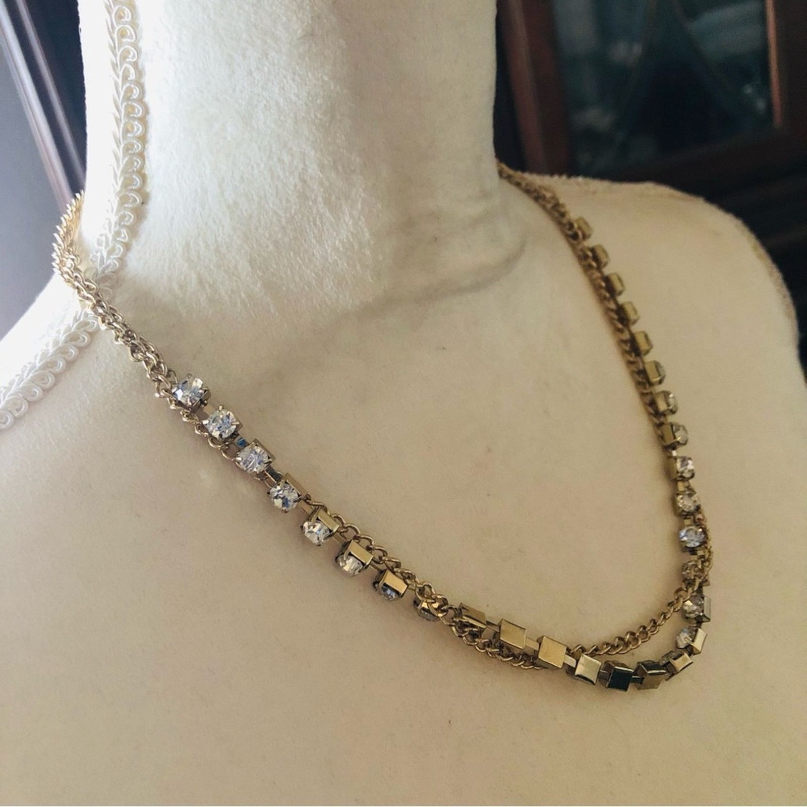 Jewelry Double strand gold chain clear rhinestone necklace Size ONE SIZE - 3 Thumbnail