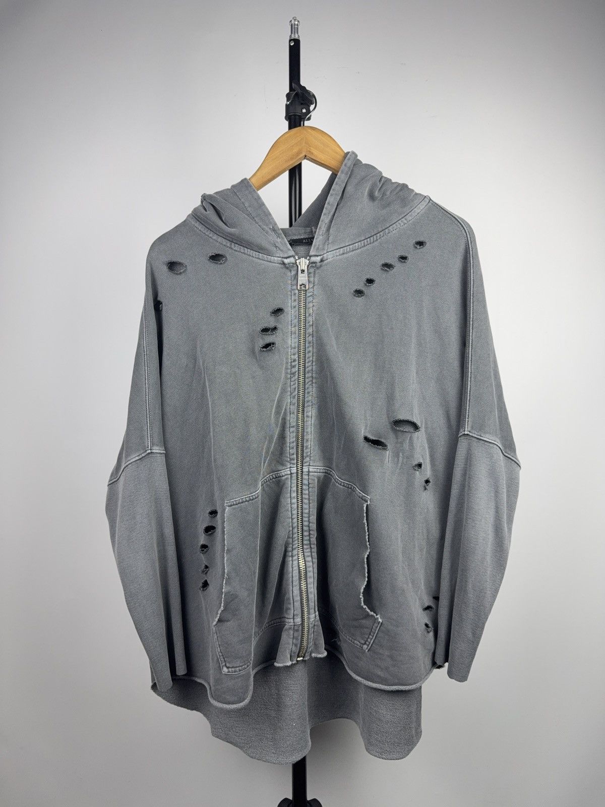 Allsaints 00s AllSaints Distressed Oversized Zip Hoodie Washed Grey Size S / US 4 / IT 40 - 1 Thumbnail