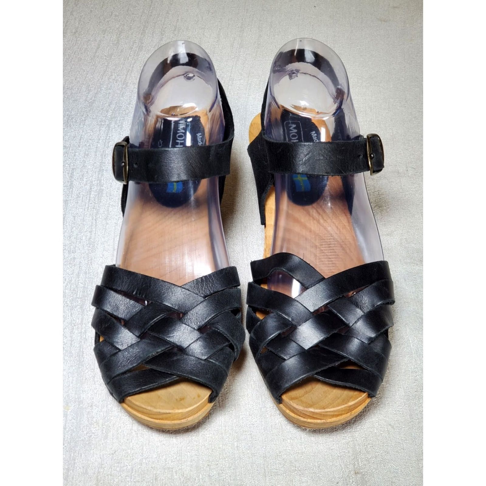 Vintage Moheda Betty Black Leather Classic Swedish Wooden Clog Sandals Women's US 8.5 EU 39 Size US 9 / IT 39 - 6 Thumbnail