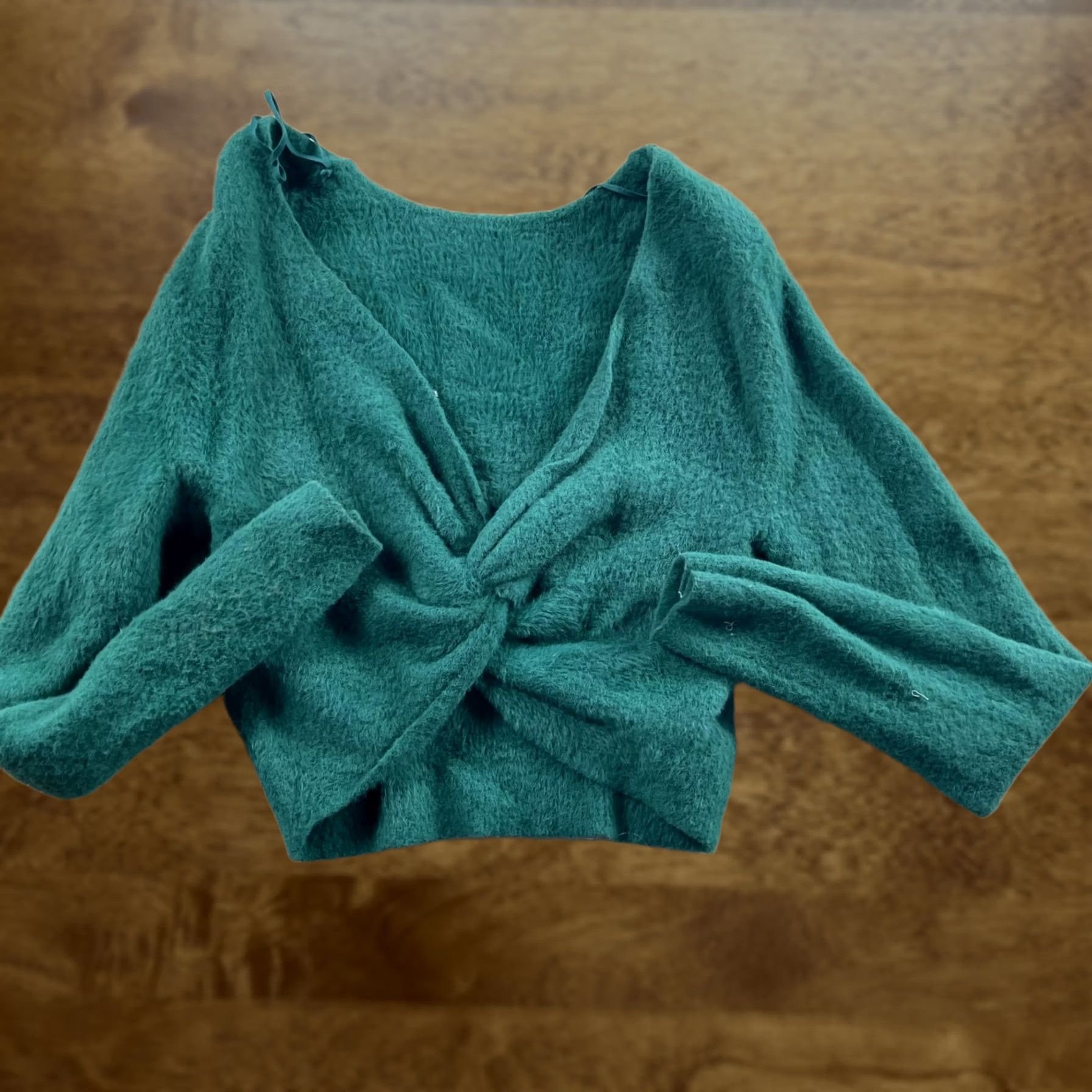 Vintage Aerie Sweater Womens XL Green Fuzzy Knit V Neck Twist Front Cropped Pullover Size XL / US 12-14 / IT 48-50 - 1 Thumbnail